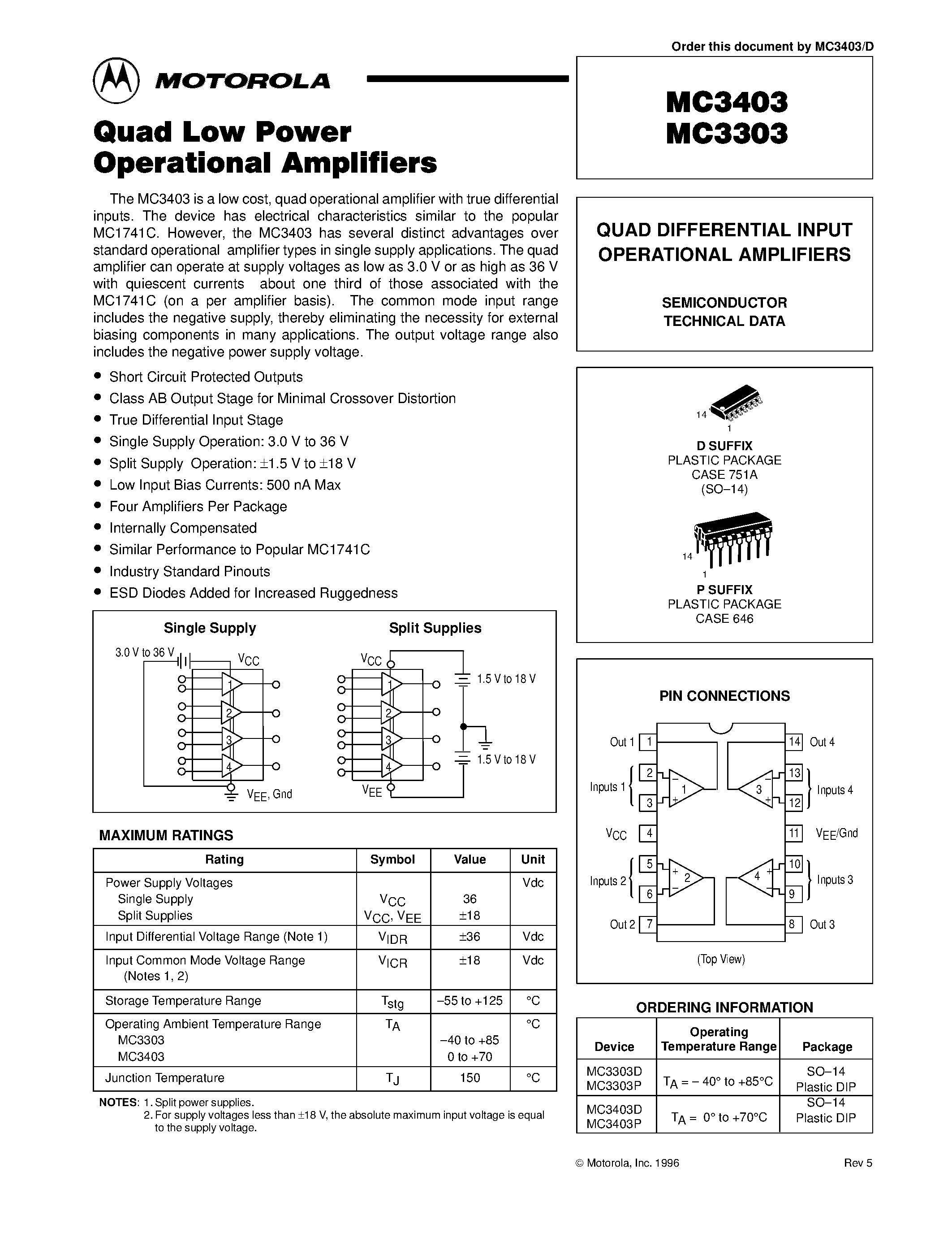 Datasheet MC3403 - QUAD DIFFERENTIAL INPUT OPERATIONAL AMPLIFIERS page 1
