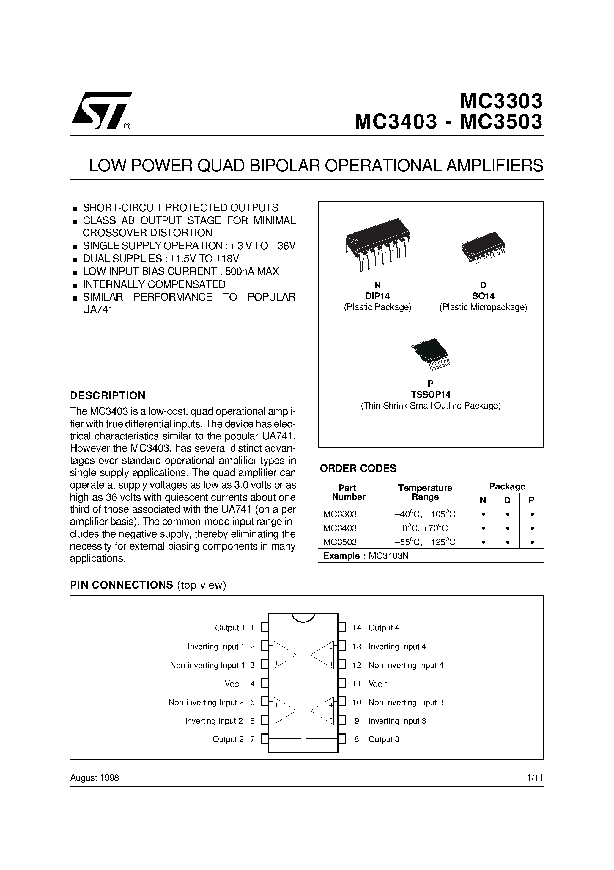 Datasheet MC3403 - LOW POWER QUAD BIPOLAR OPERATIONAL AMPLIFIERS page 1