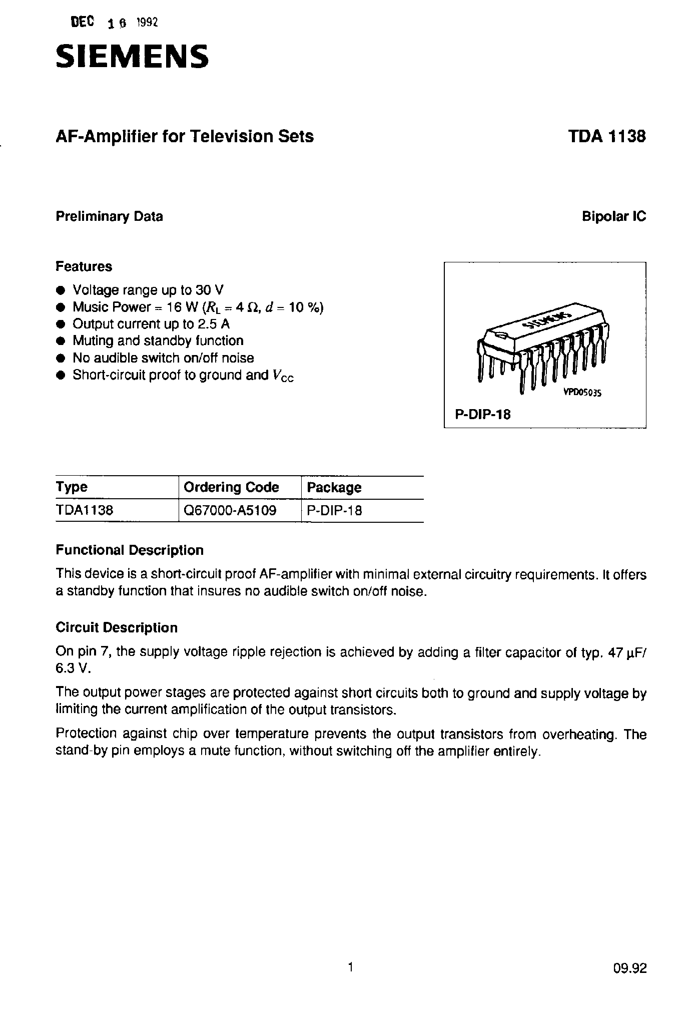 Datasheet TDA1138 - AF Amplifier for TV Sets page 1