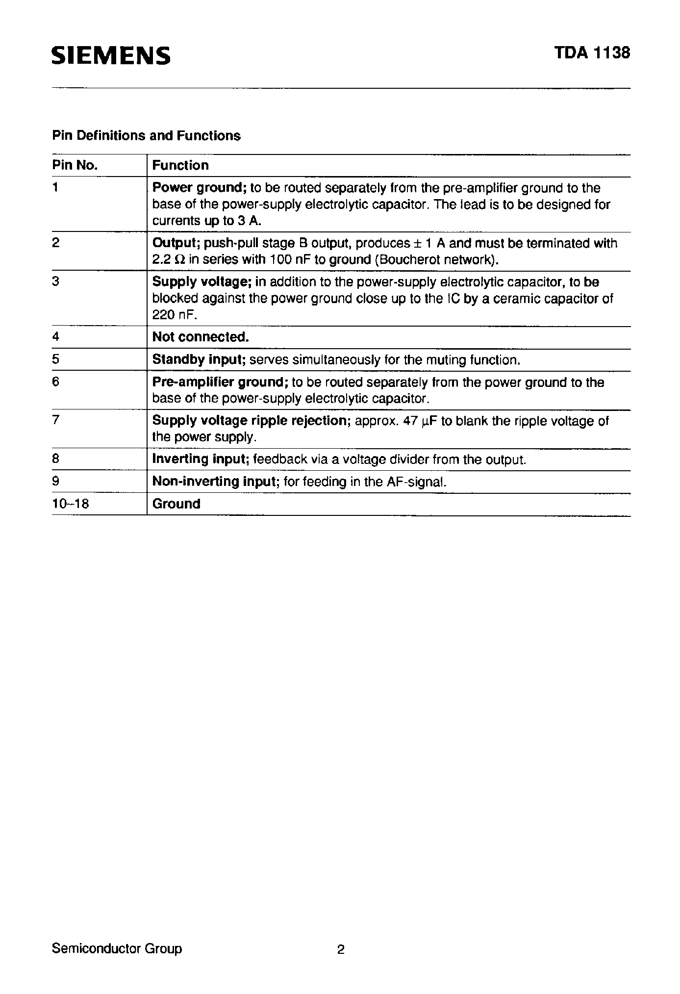 Datasheet TDA1138 - AF Amplifier for TV Sets page 2