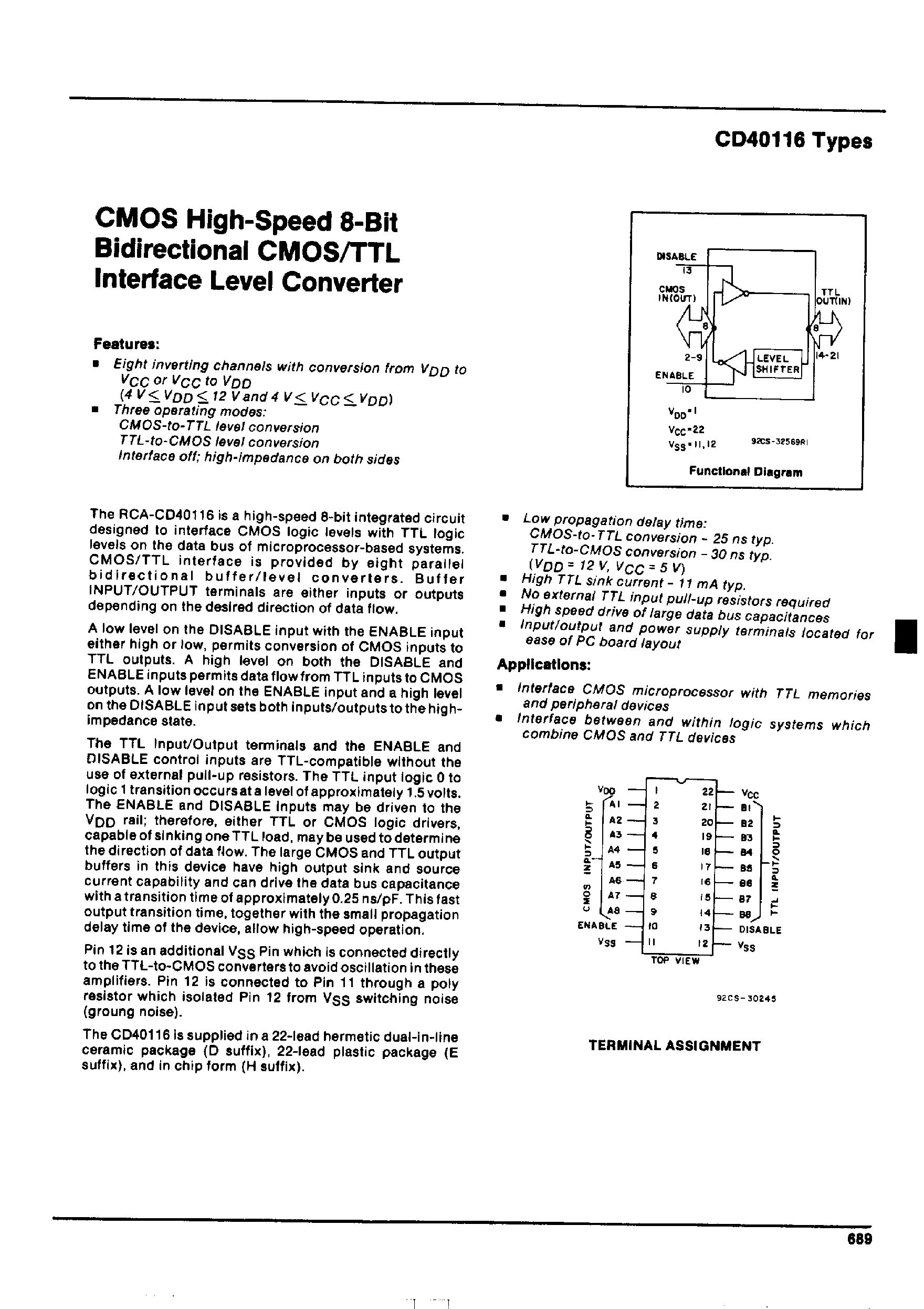 Datasheet CD40116 - CMOS High Speed 8-Bit Bidirectional CMOS/TTL Interface Level Converter page 1