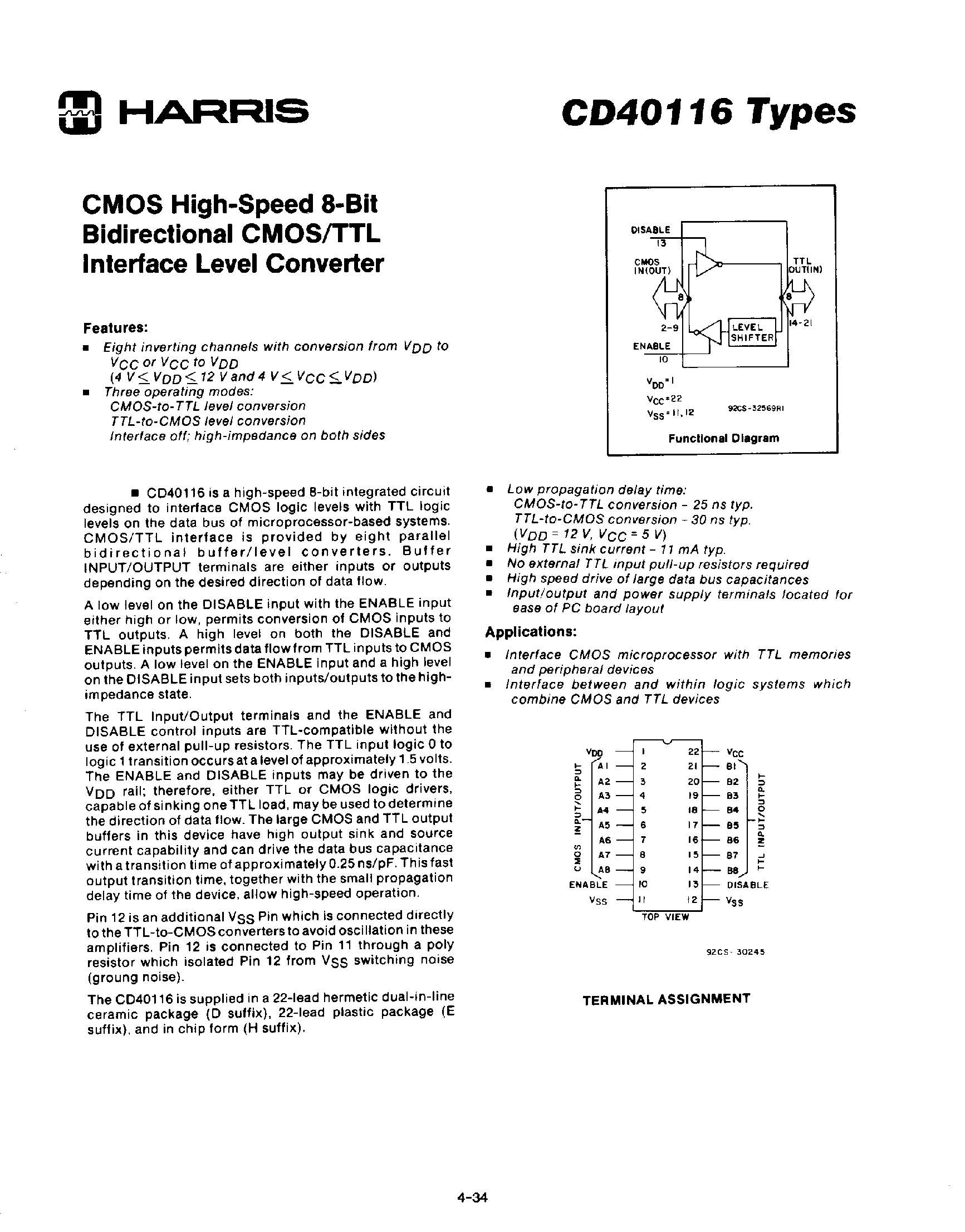 Datasheet CD40116 - CMOS High Speed 8-Bit Bidirectional CMOS/TTL Interface Level Converter page 1