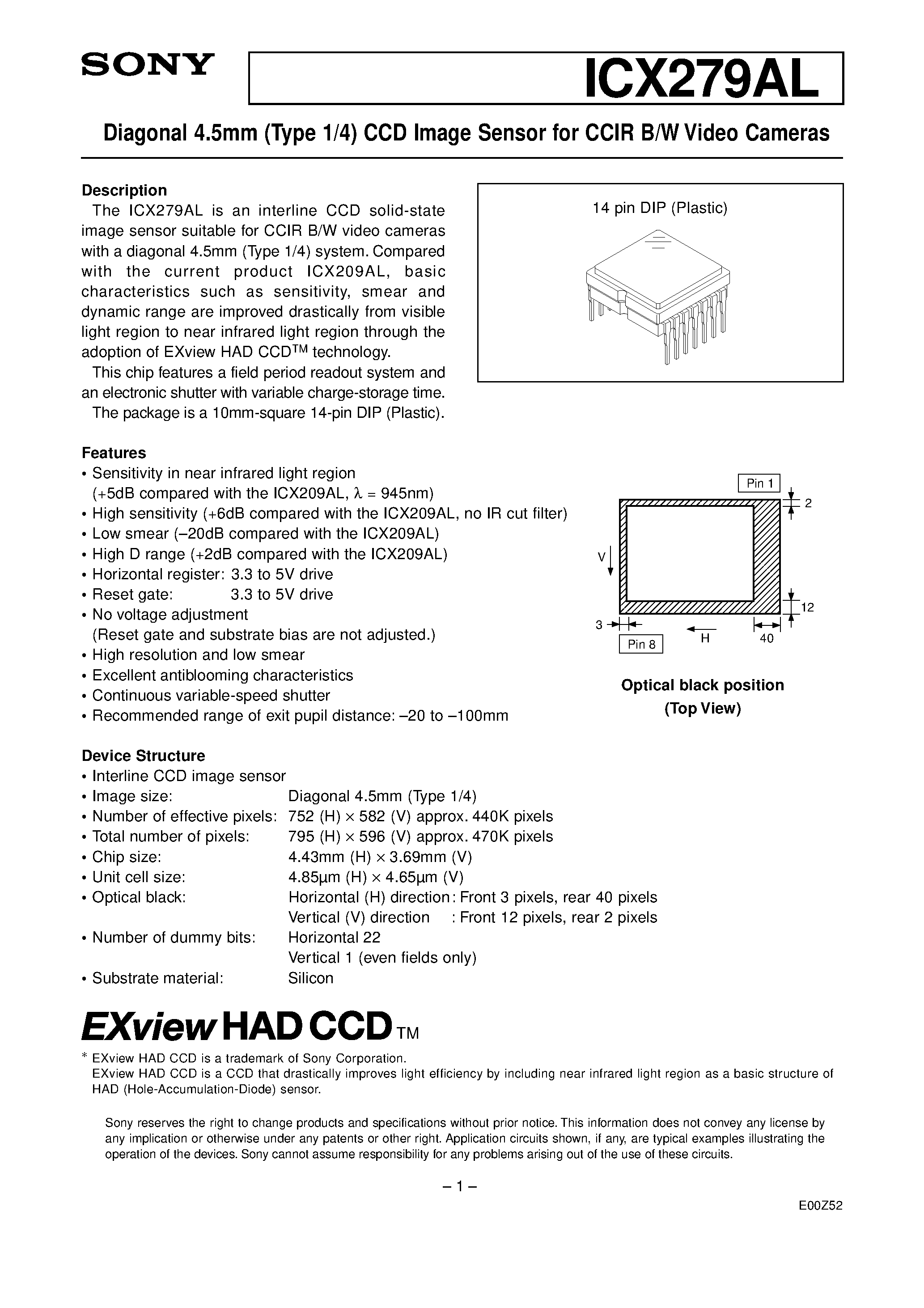 Datasheet ICX279AL - Diagonal 4.5mm (Type 1/4) CCD Image Sensor for CCIR B/W Video Cameras page 1