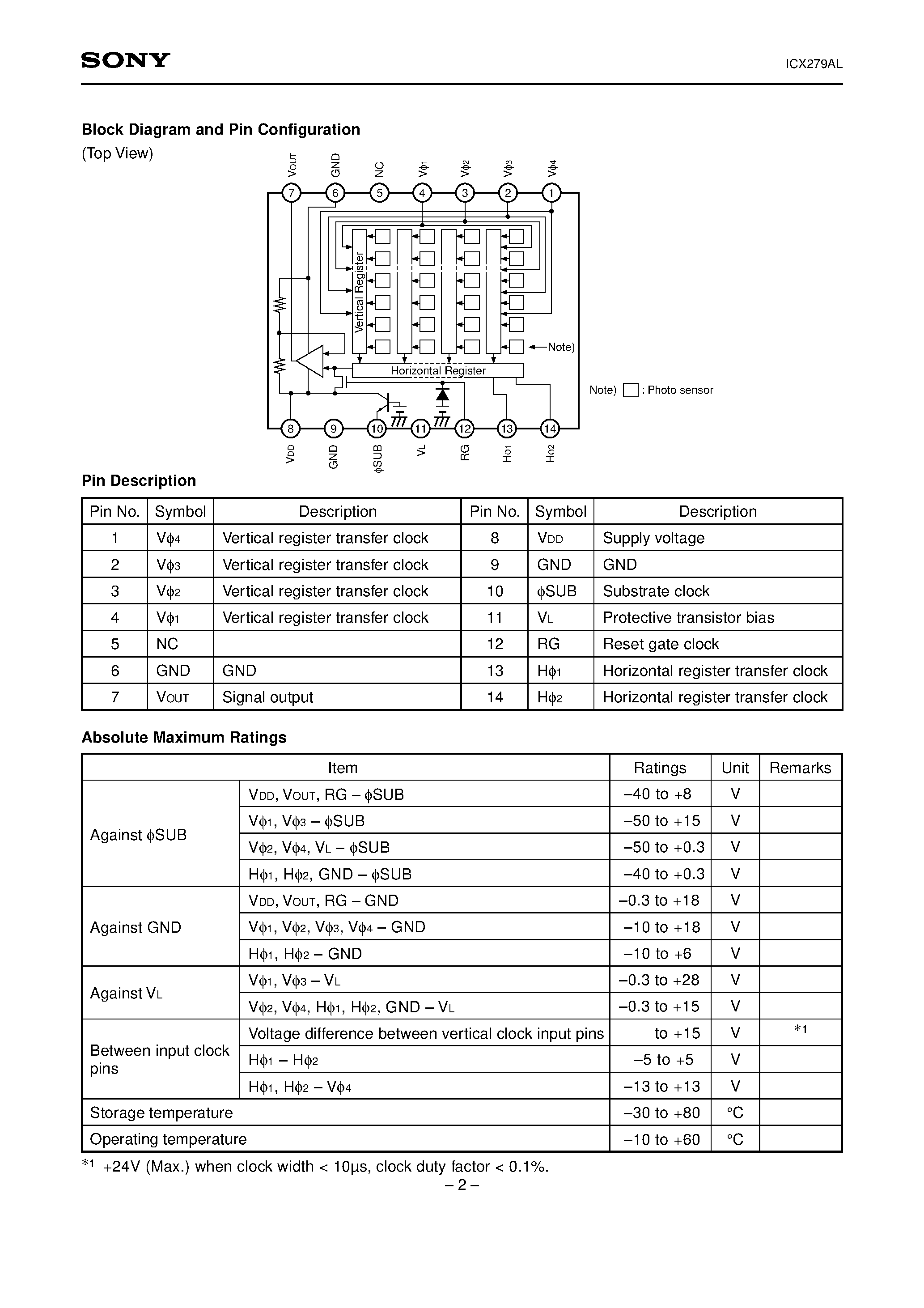 Datasheet ICX279AL - Diagonal 4.5mm (Type 1/4) CCD Image Sensor for CCIR B/W Video Cameras page 2