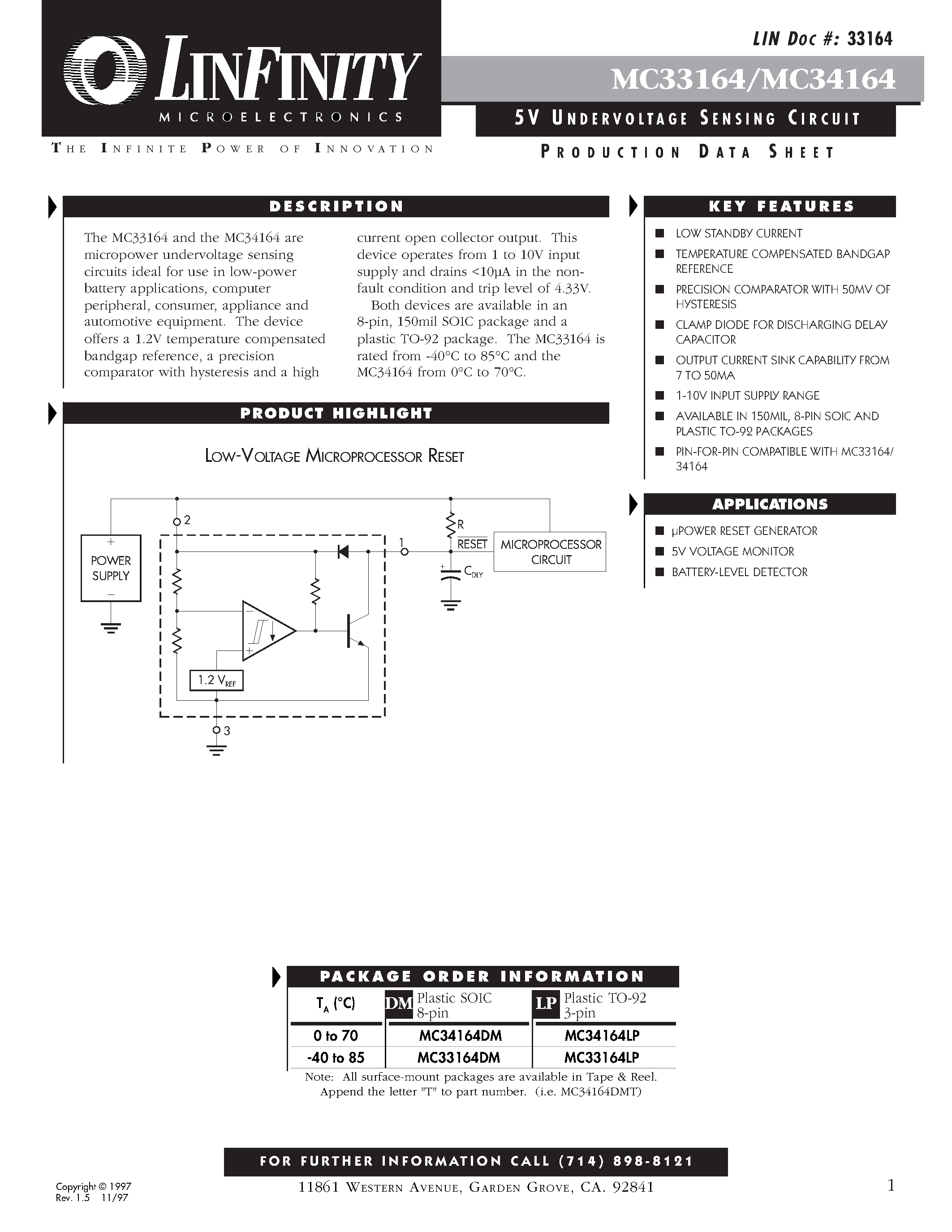 Даташит MC34164 - 5V UNDERVOLTAGE SENSING CIRCUIT страница 1