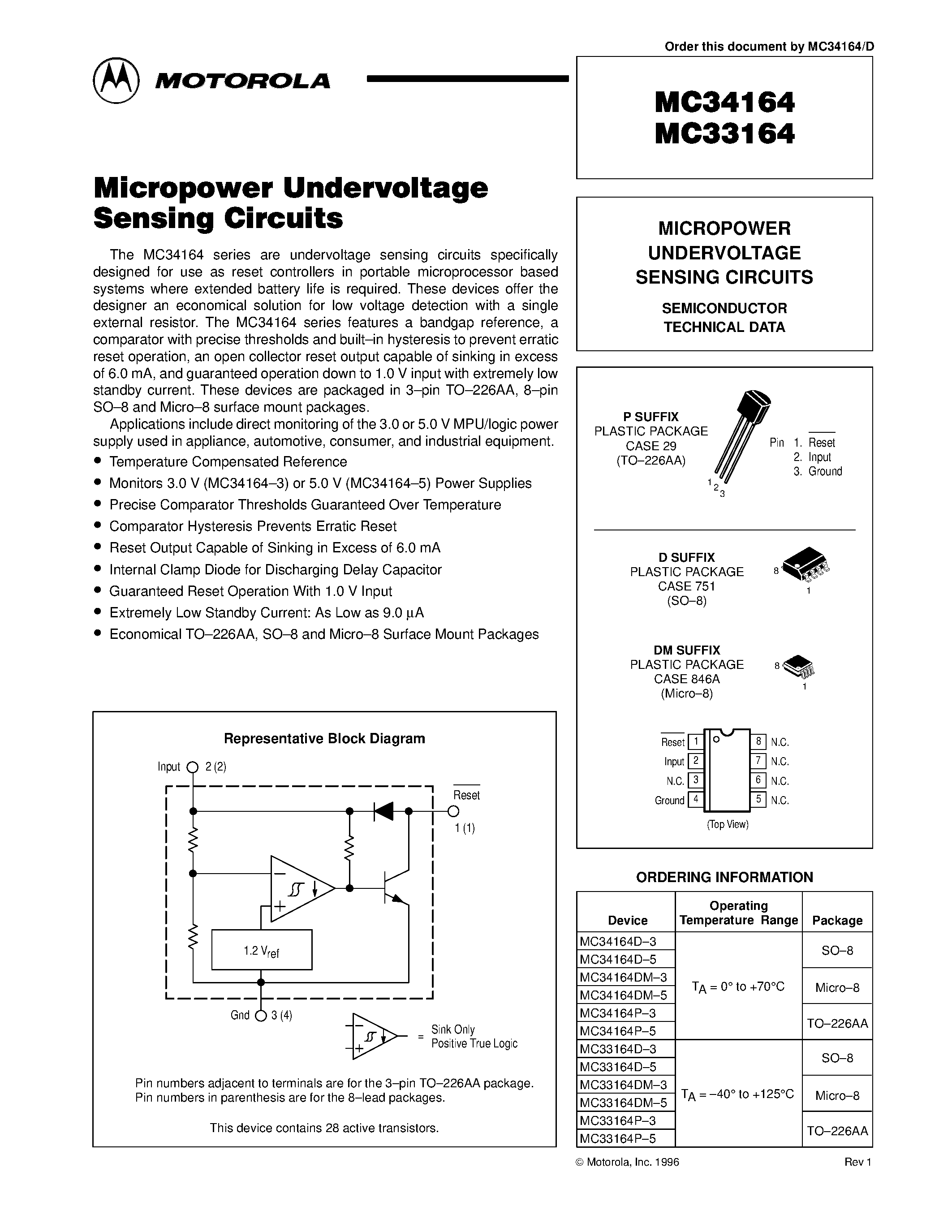 Даташит MC34164 - MICROPOWER UNDERVOLTAGE SENSING CIRCUITS страница 1