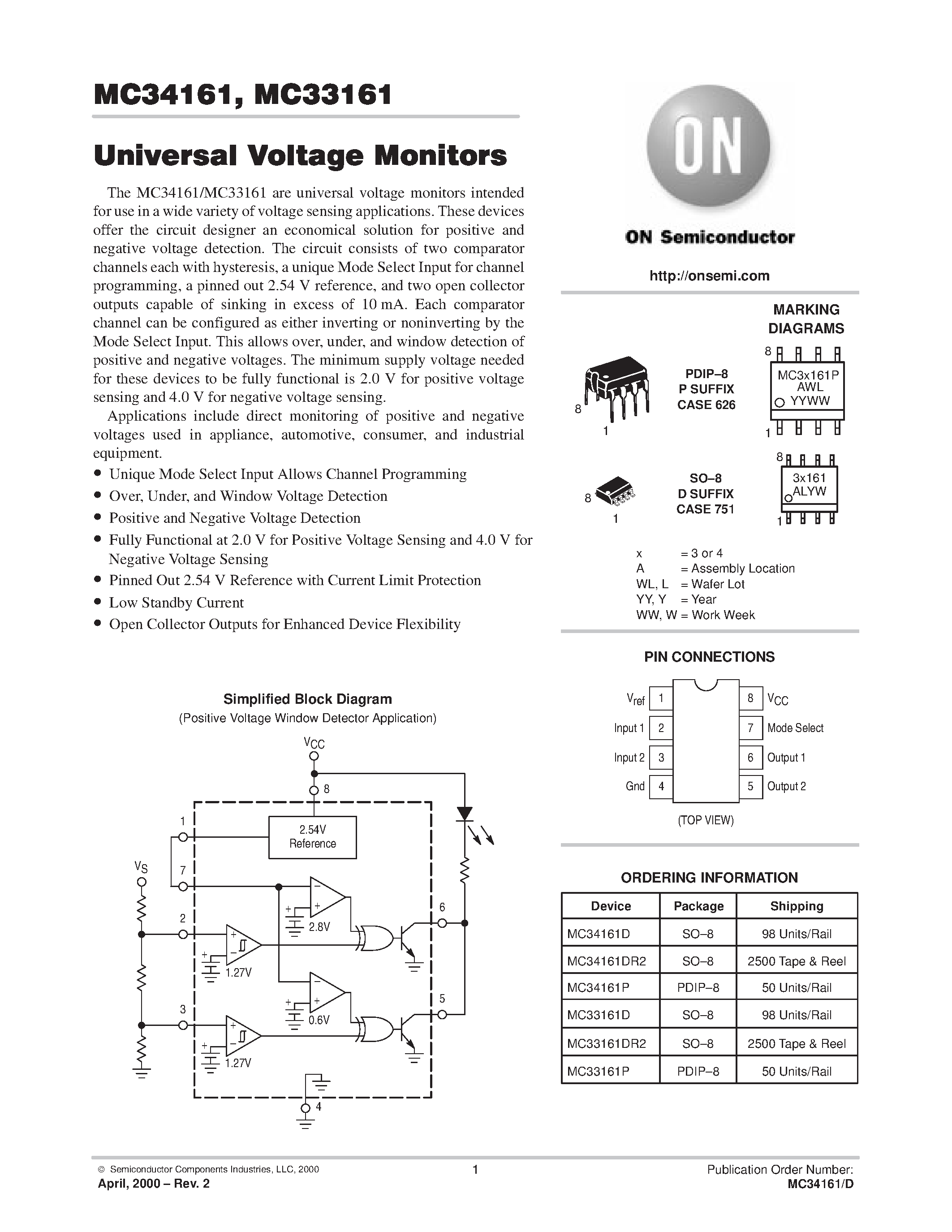 Даташит MC34161 - Universal Voltage Monitors страница 1