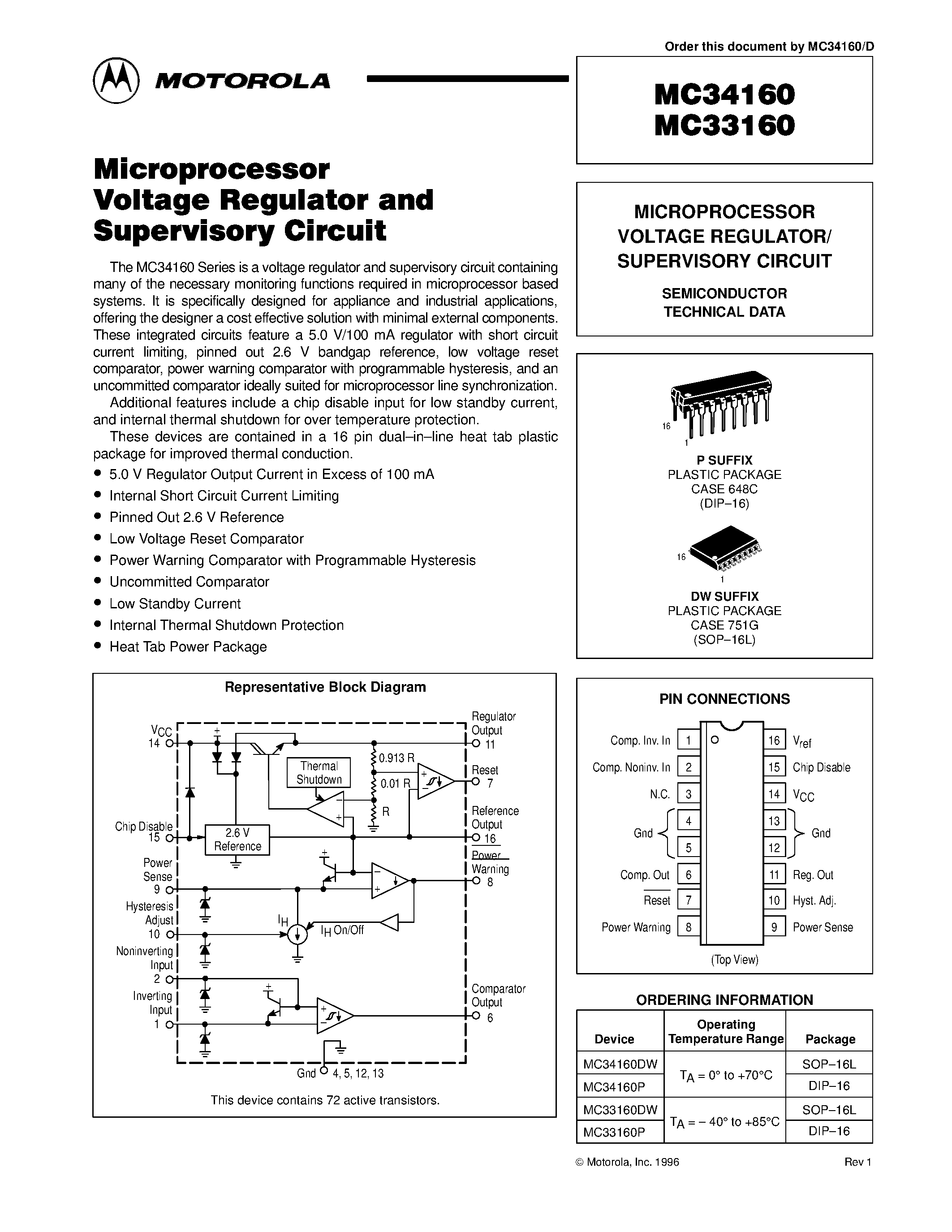 Даташит MC34160 - MICROPROCESSOR VOLTAGE REGULATOR/ SUPERVISORY CIRCUIT страница 1