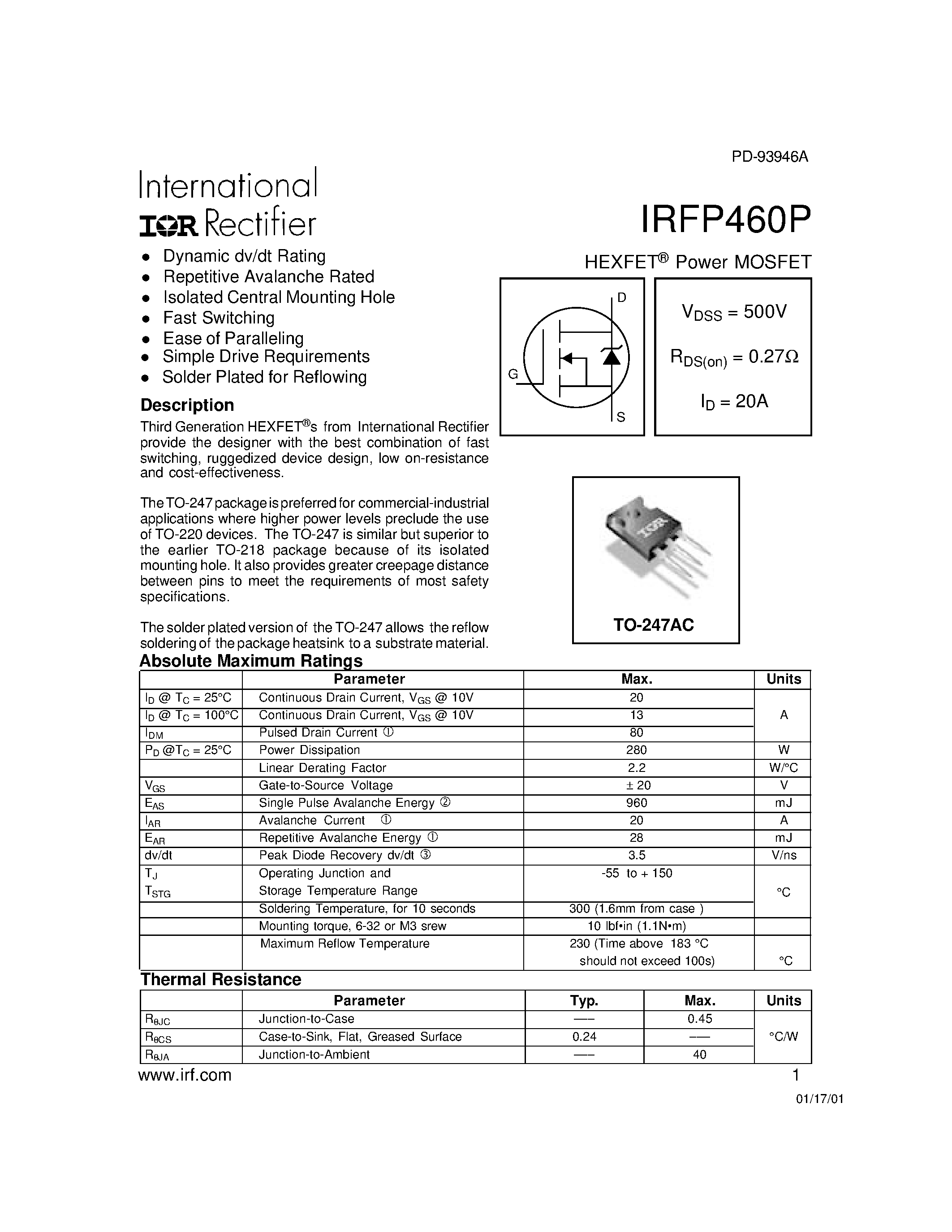 Datasheet IRFP460P - Power MOSFET page 1