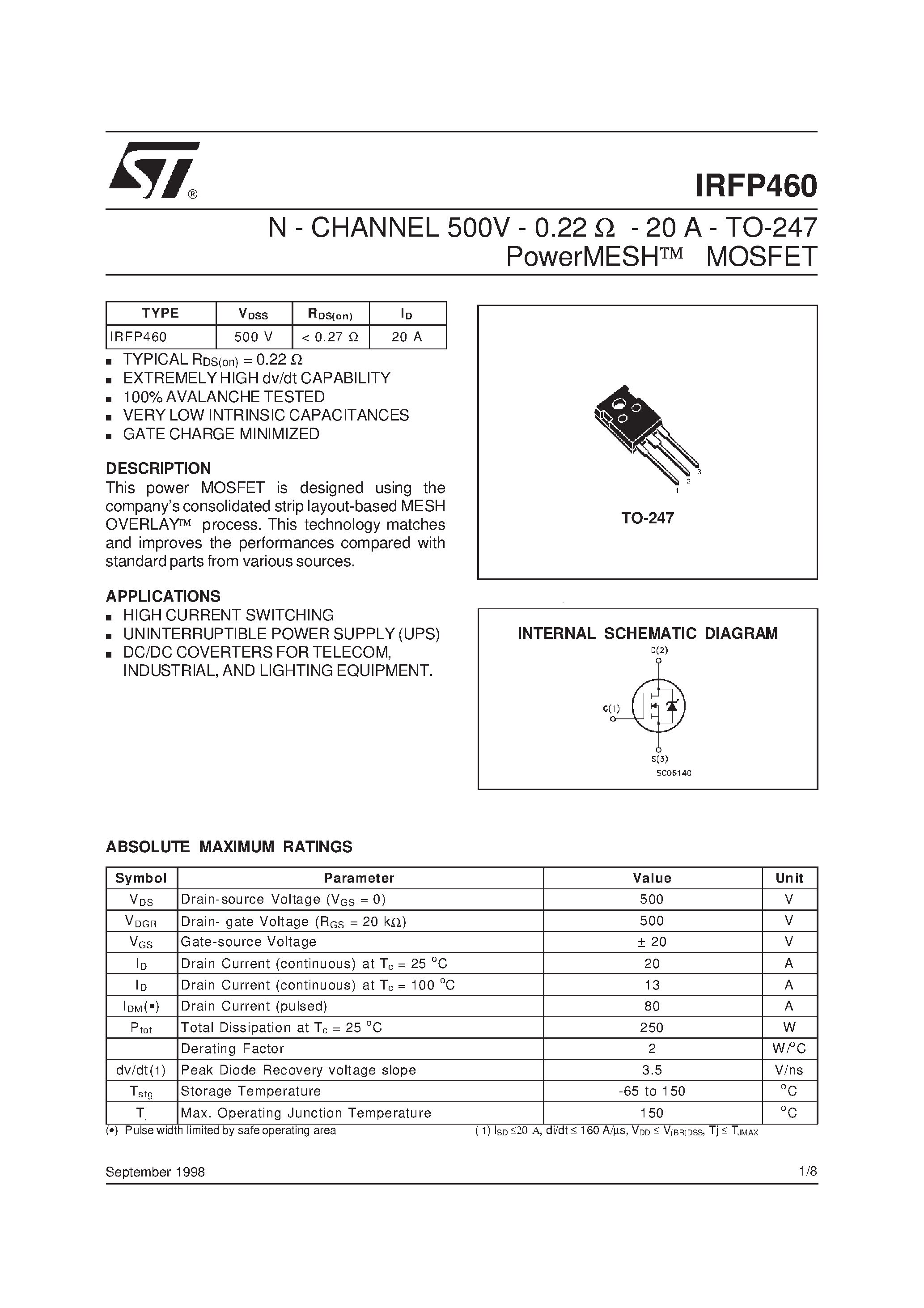 Datasheet IRFP460 - N-Channel Power MOSFET page 1