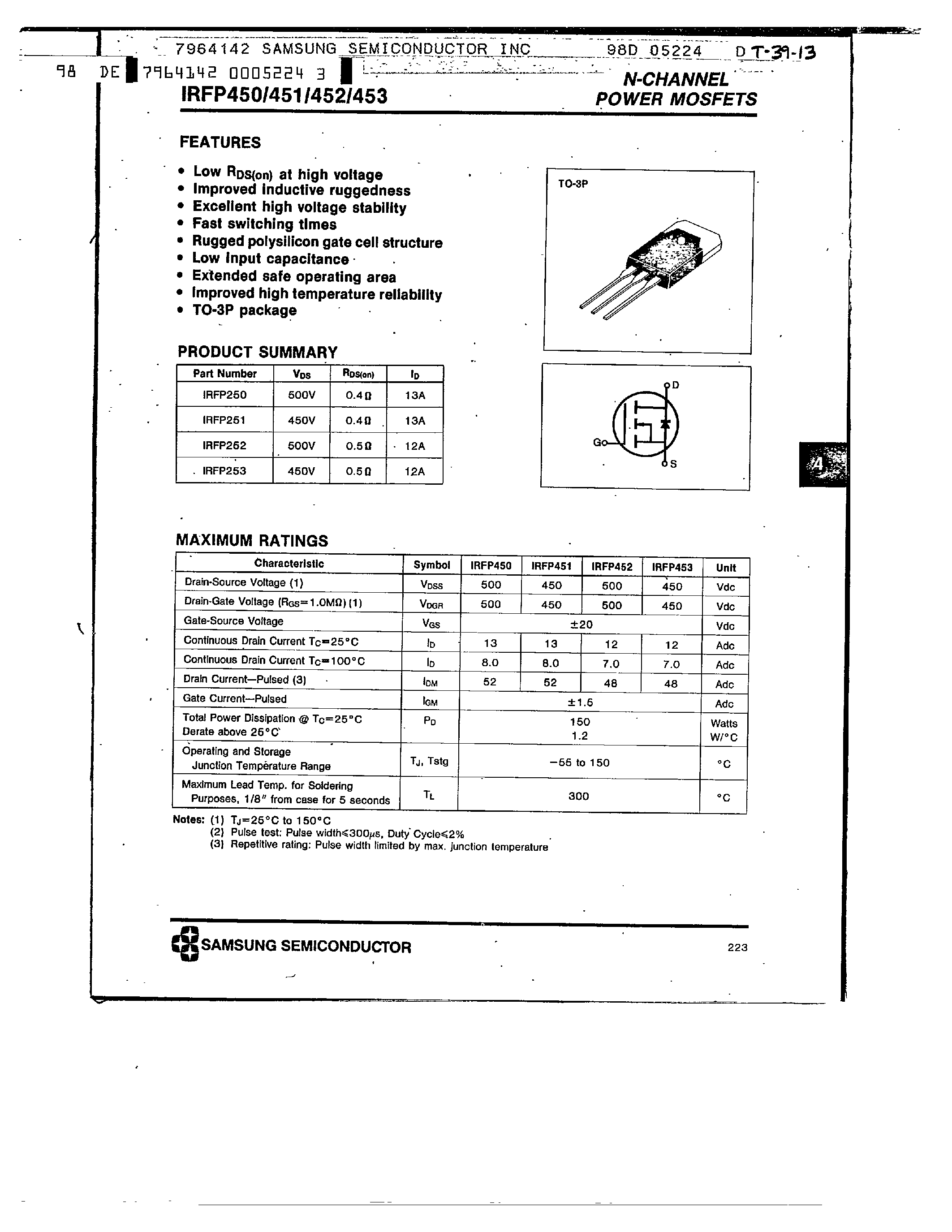 Datasheet IRFP453 - N-CHANNEL POWER MOSFETS page 1