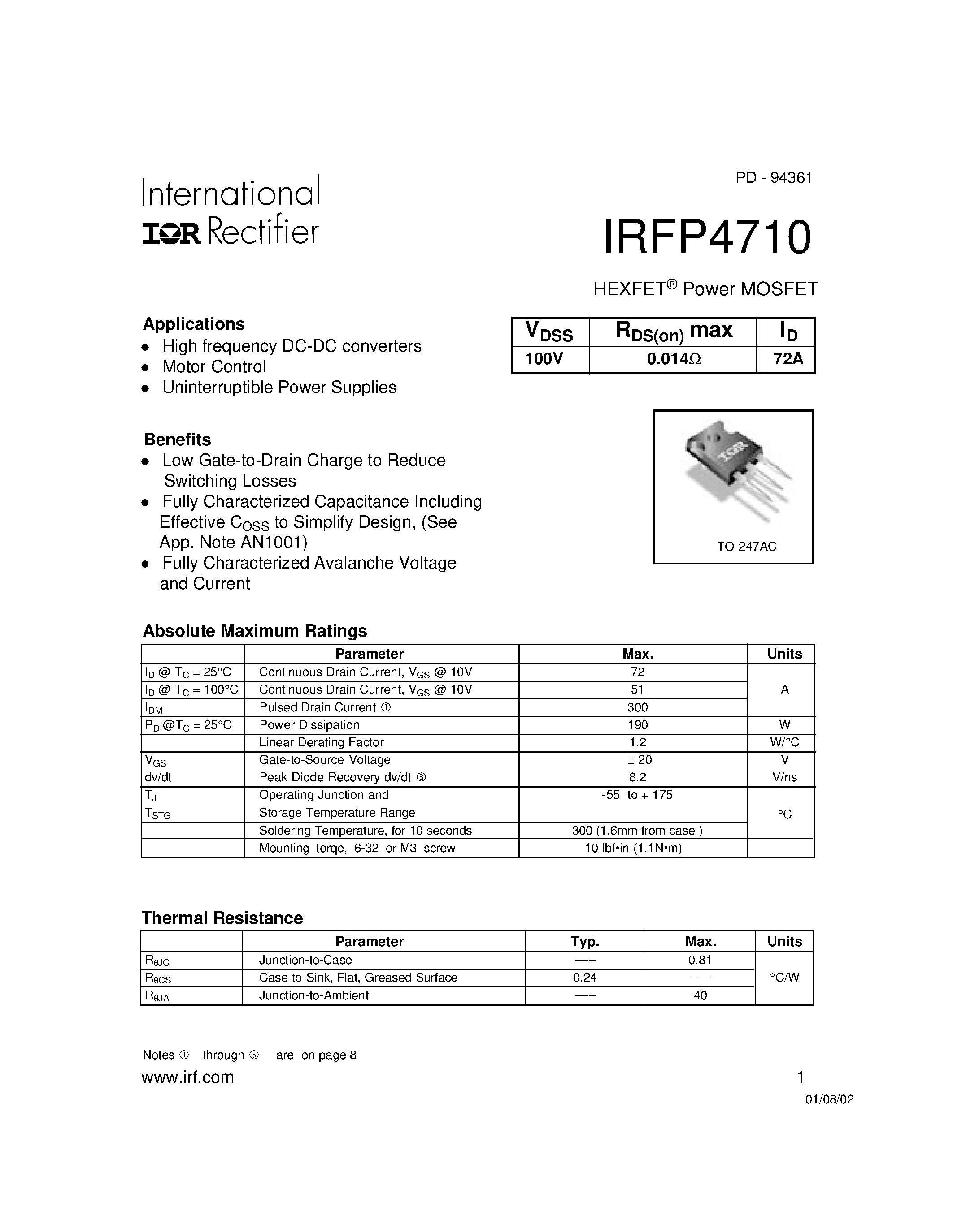 Datasheet IRFP4710 - ower MOSFET page 1