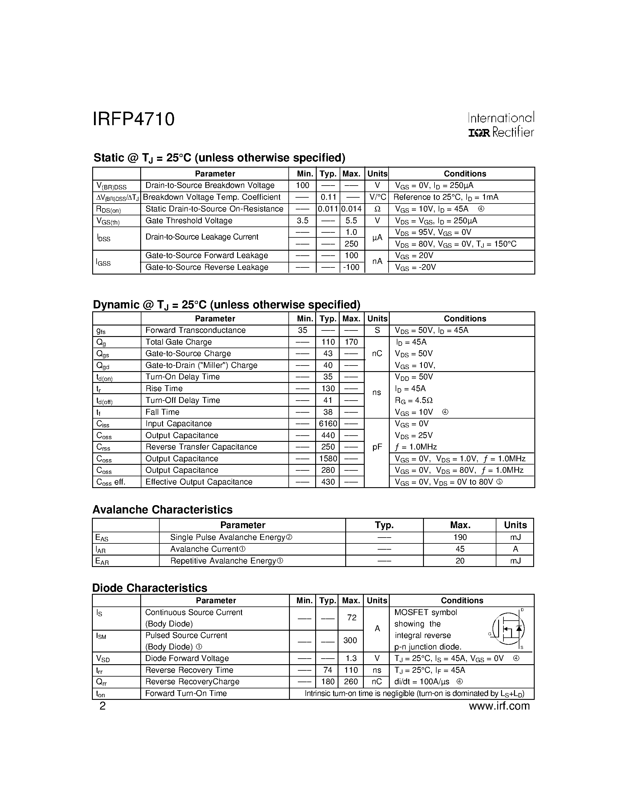 Datasheet IRFP4710 - ower MOSFET page 2