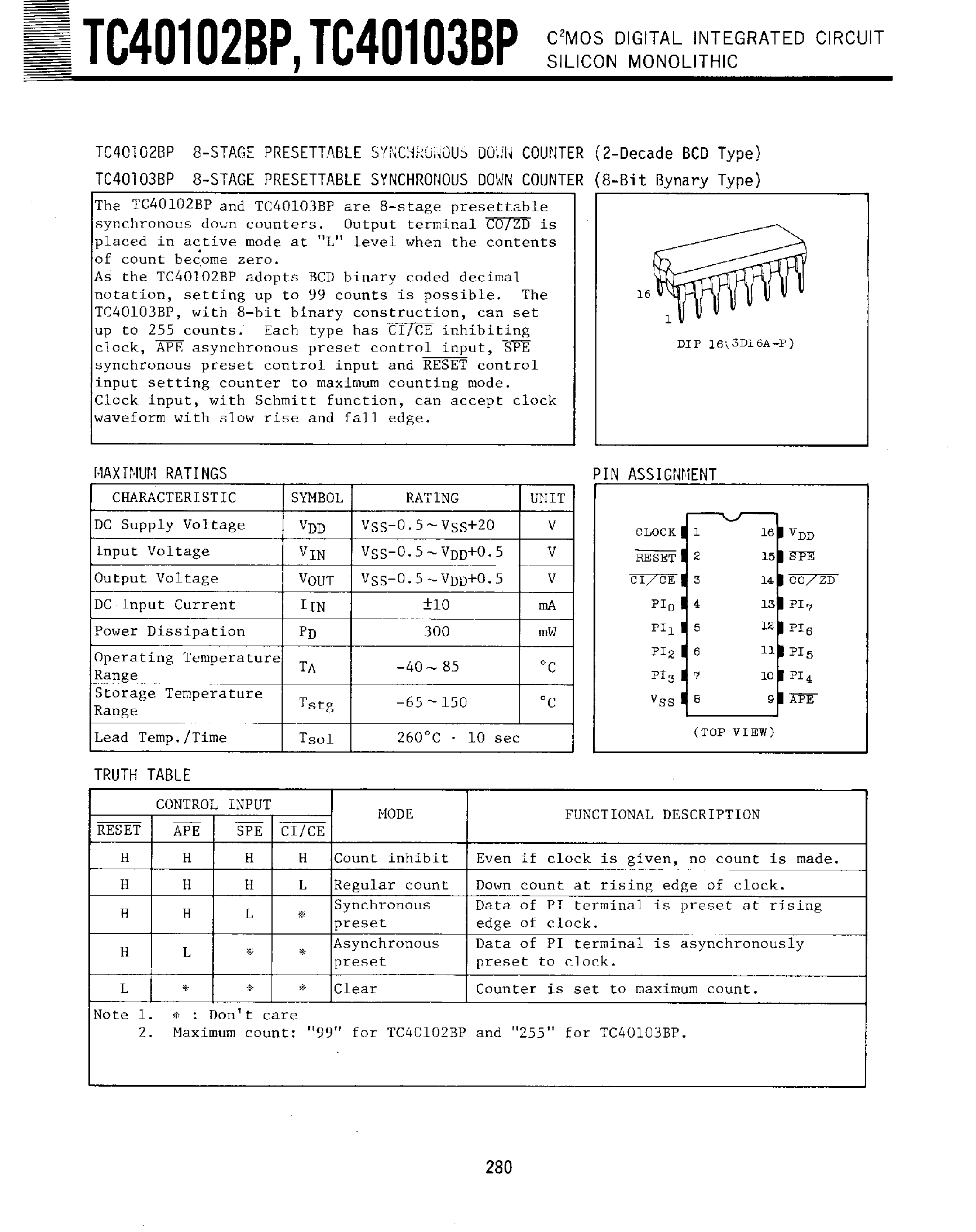 Даташит TC40102BP - (TC40103BP) 8-State Presettable Synchronous Down Counter страница 1