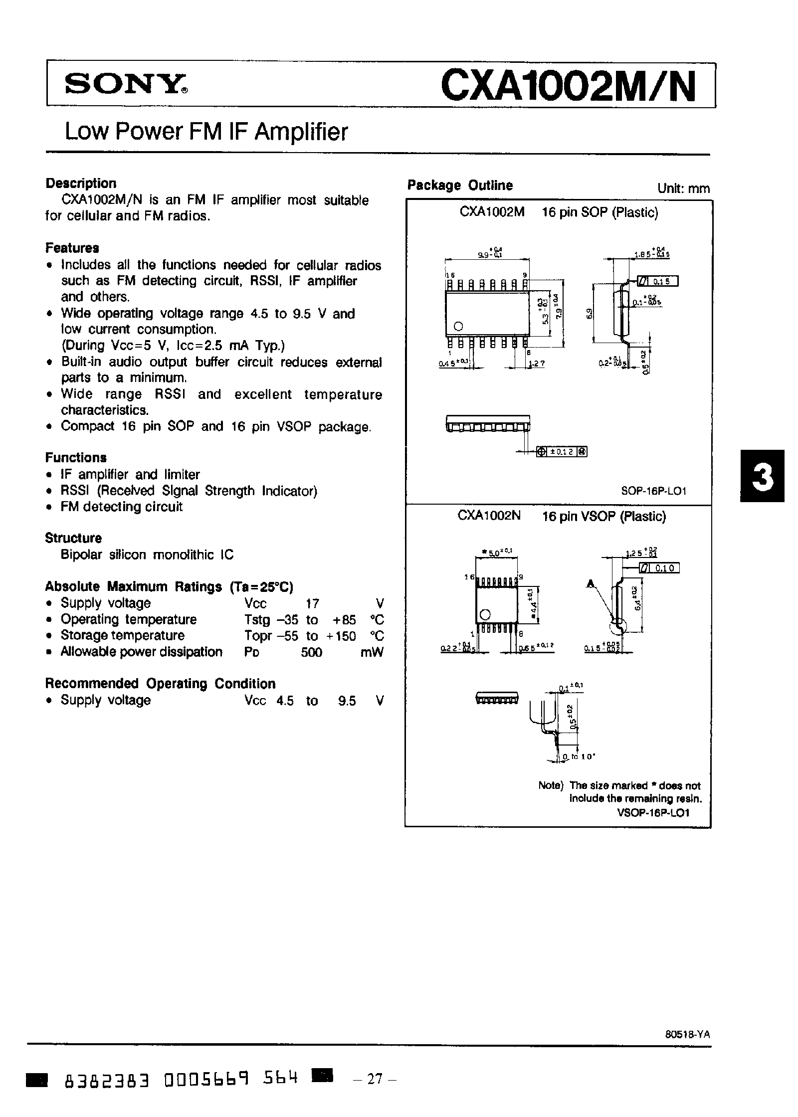 Datasheet CXA1002 - Low Power FM IF Amplifier page 1