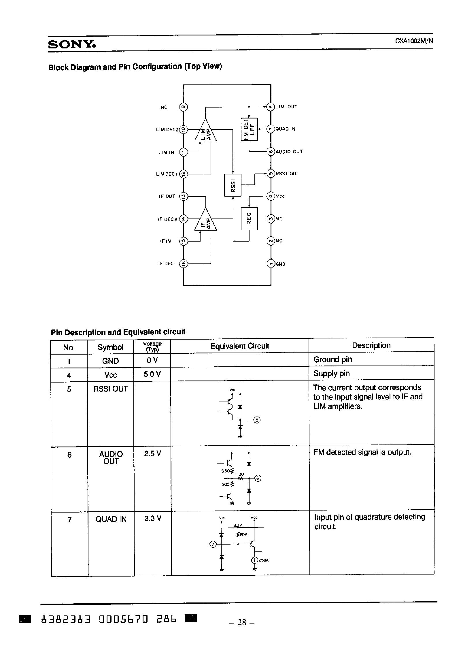 Datasheet CXA1002 - Low Power FM IF Amplifier page 2