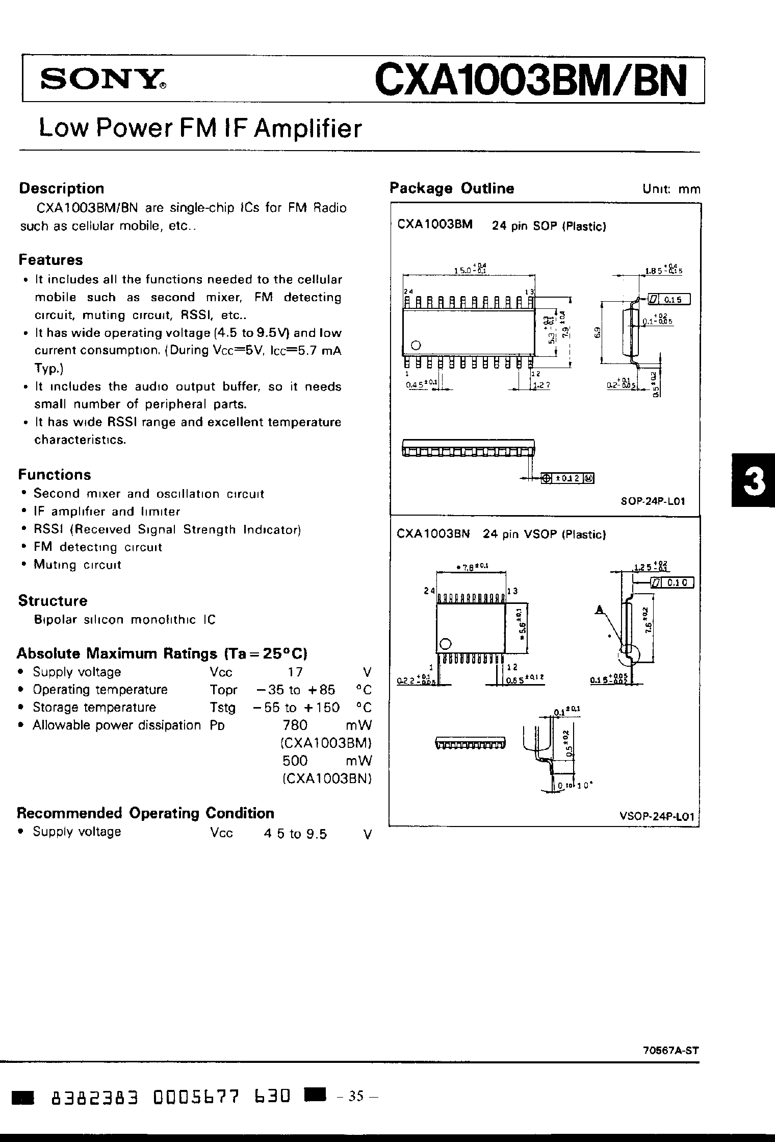 Даташит CXA1003 - Low Power FM IF Amplifier страница 1