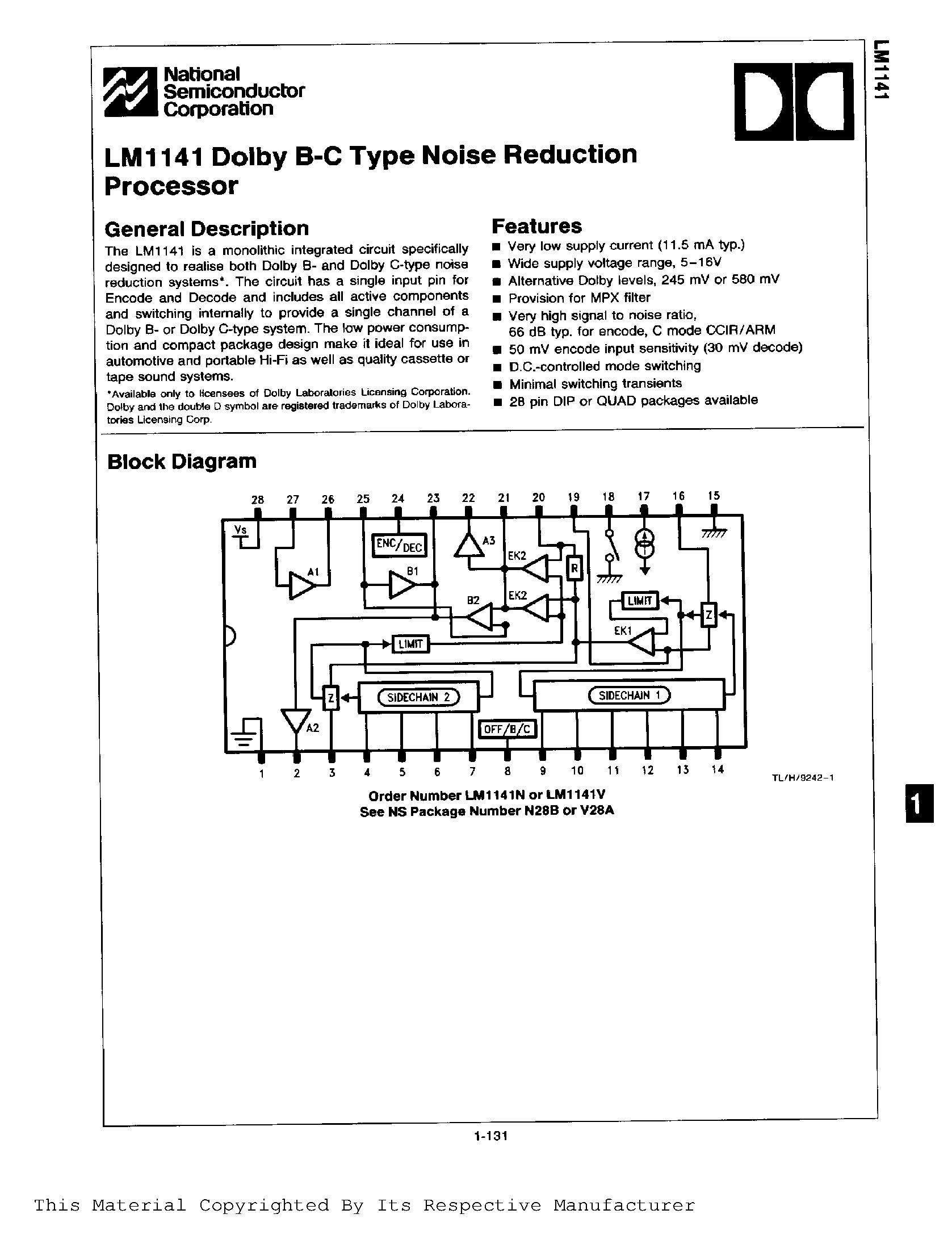 Datasheet LM1141 - Dolby B-C Type Noise Reduction page 1