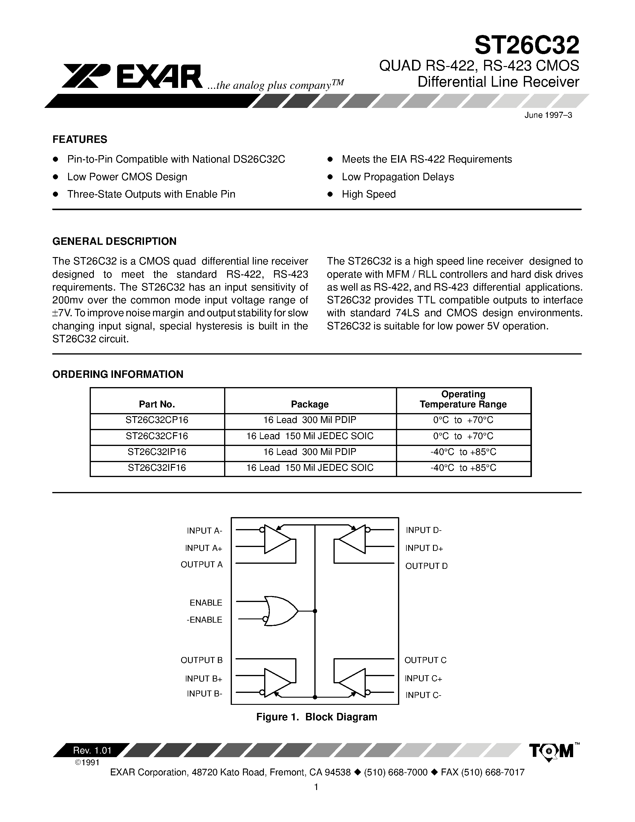 Даташит ST26C32 - QUAD RS-422 / RS-423 CMOS Differential Line Receiver страница 1