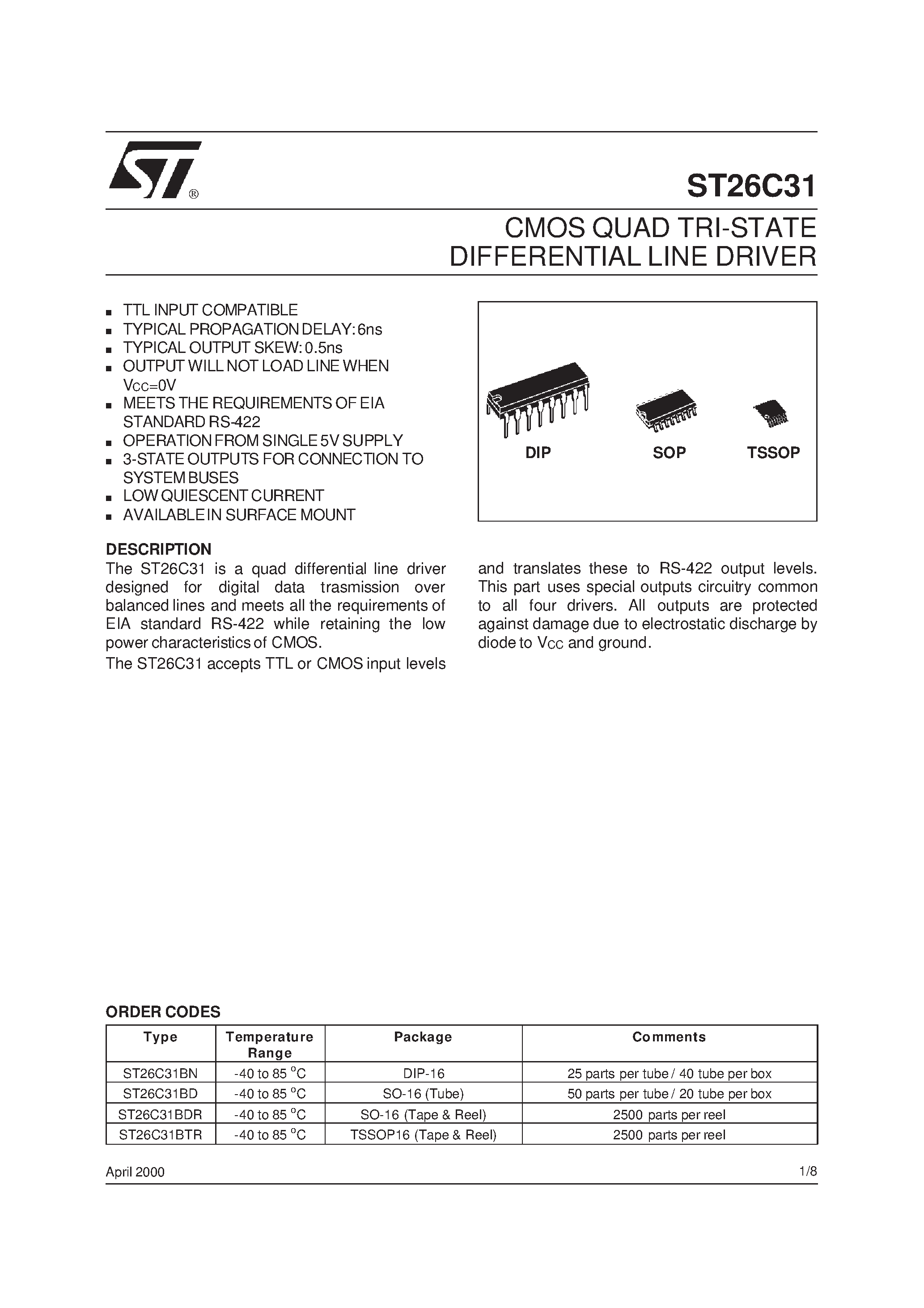 Даташит ST26C31 - CMOS QUAD TRI-STATE DIFFERENTIAL LINE DRIVER страница 1