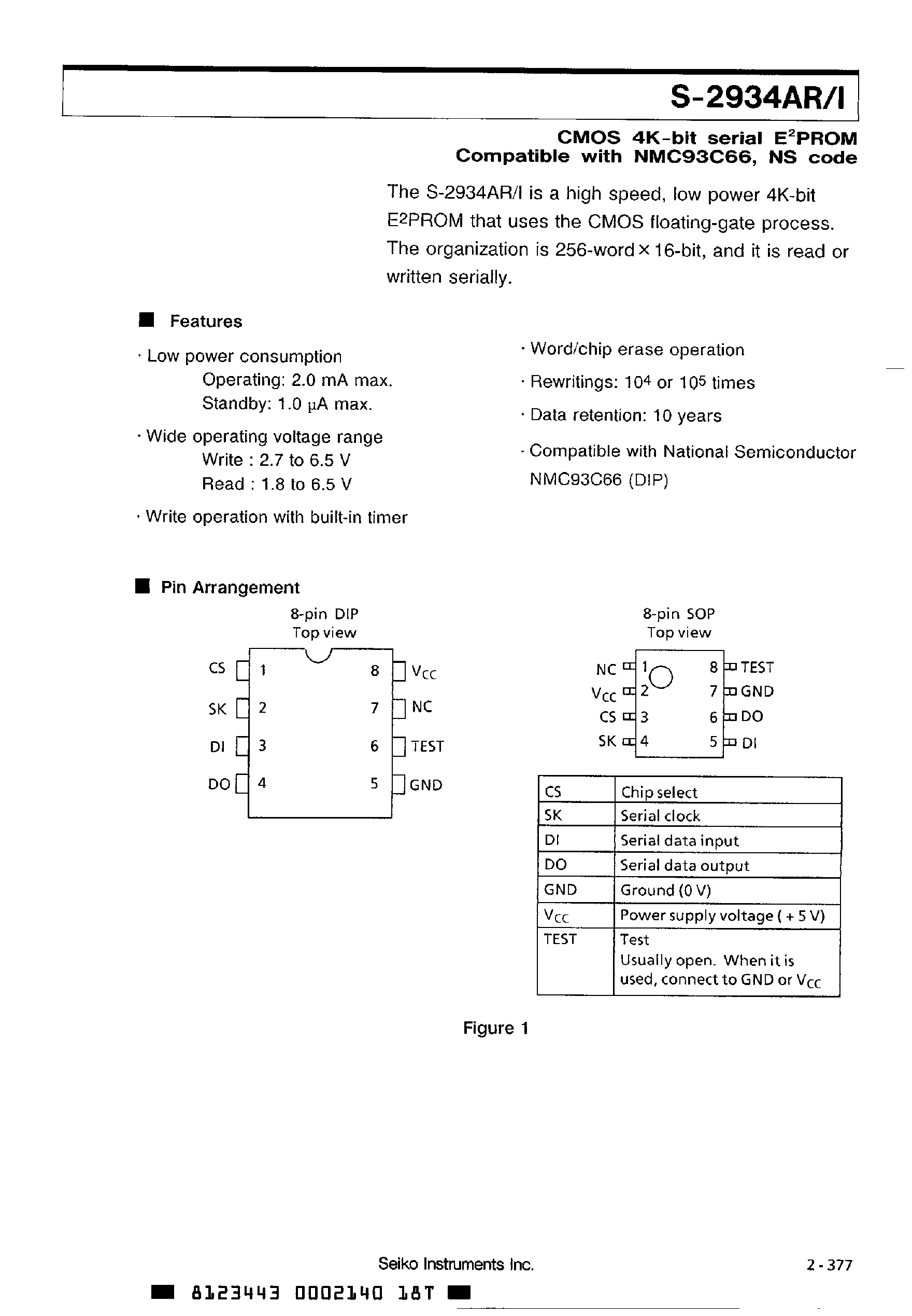 Datasheet S-2934A - CMOS 4K-Bit Serial EPROM Compatible page 1