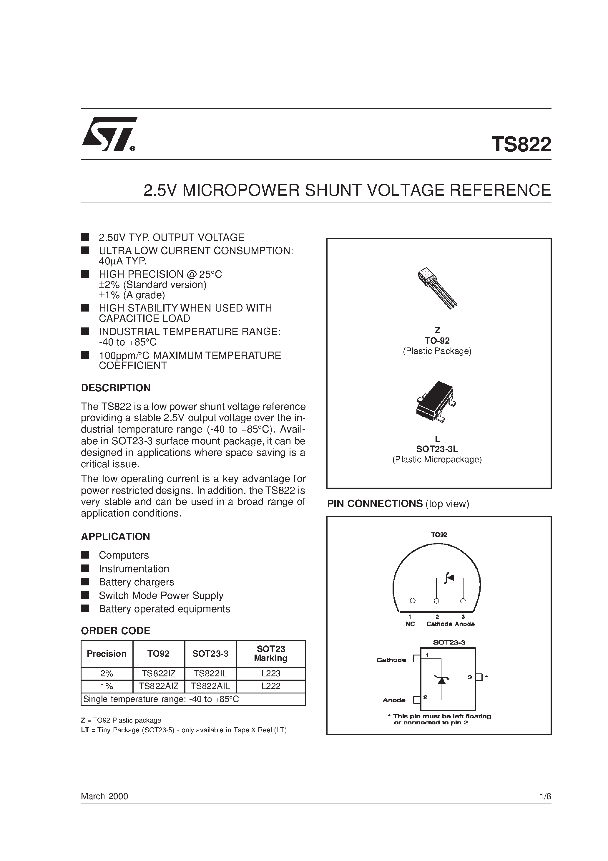 Даташит TS822 - 2.5V MICROPOWER SHUNT VOLTAGE REFERENCE страница 1