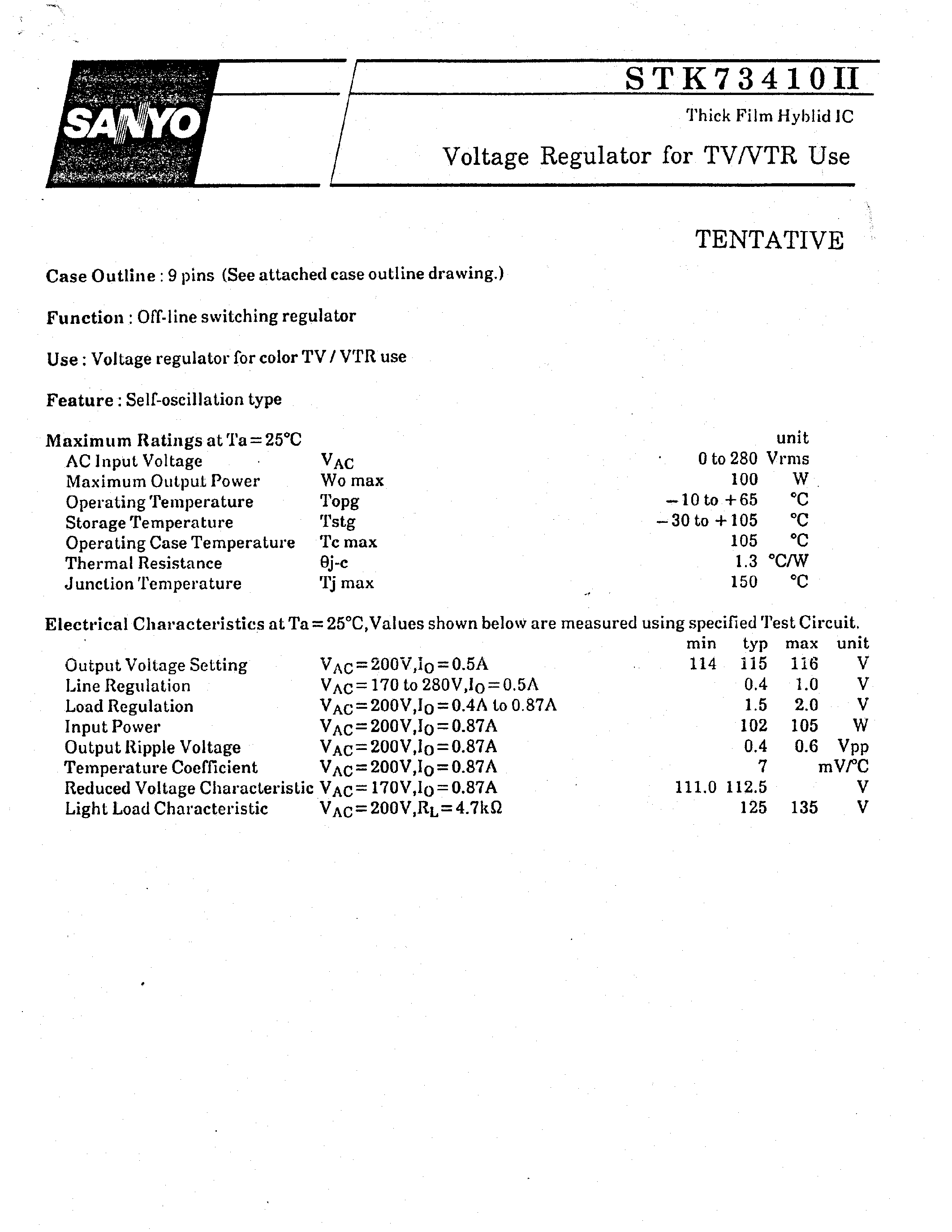 Datasheet STK73410II - Voltage Regulator for TV / VTR Use page 1