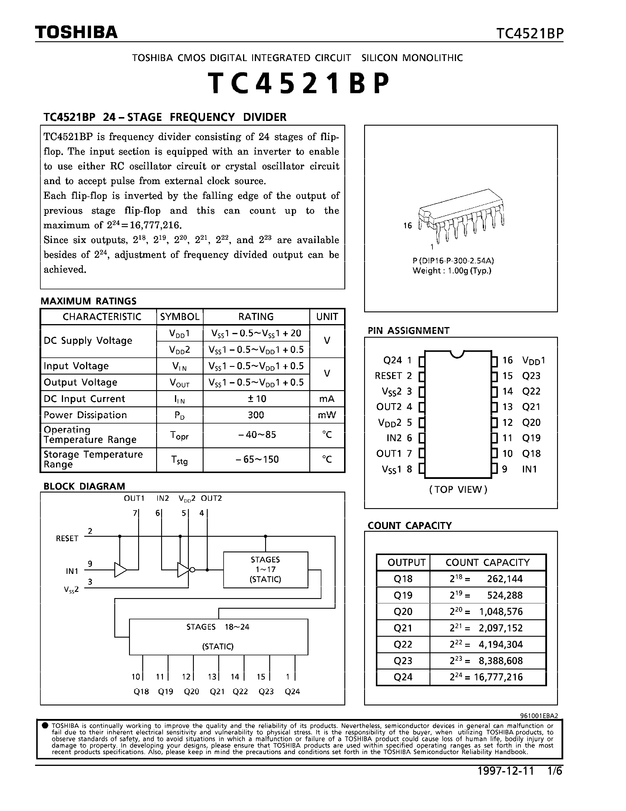 Даташит TC4521BP - TOSHIBA CMOS INTEGRATED CIRCUIT SILICON MONOLITHIC страница 1