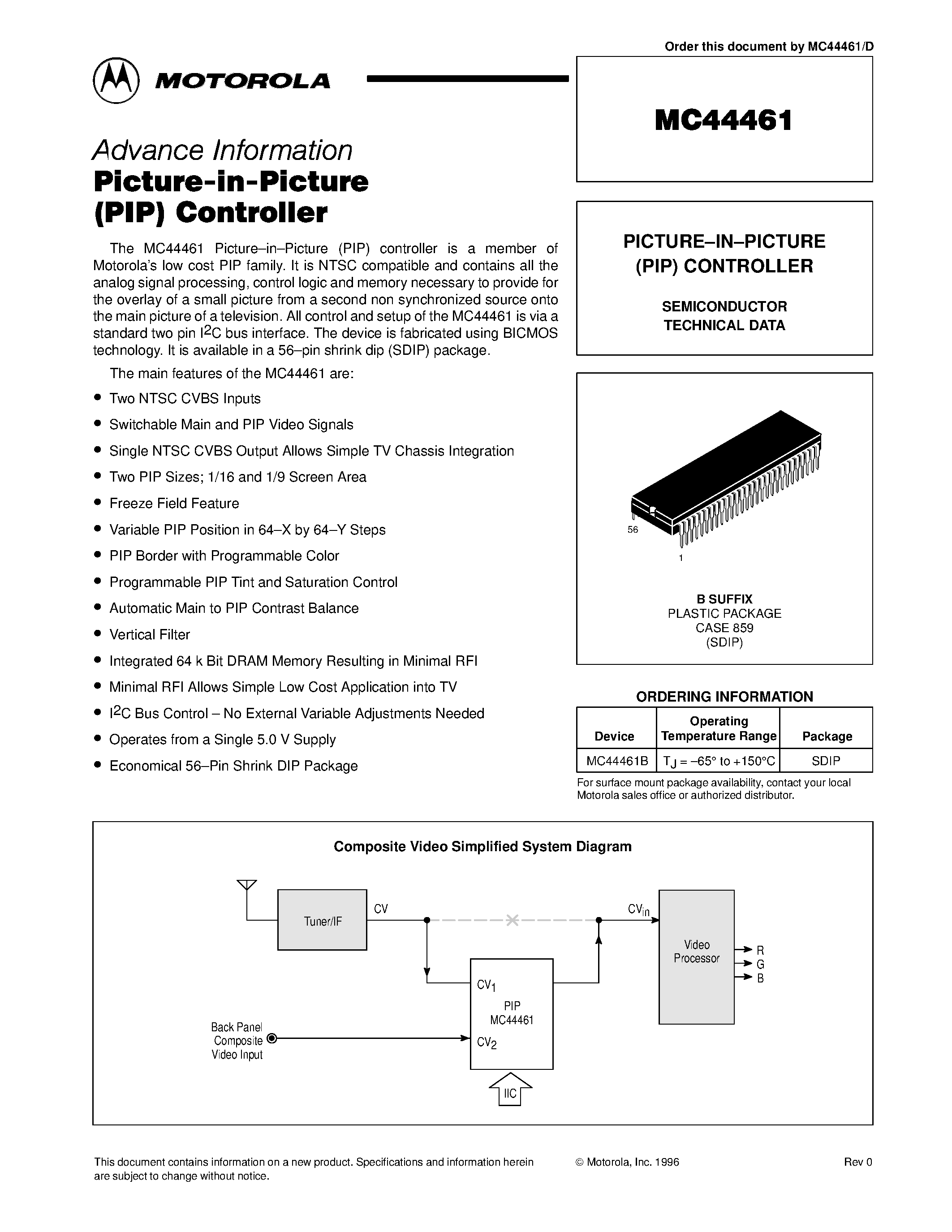 Даташит MC44461 - PICTURE-IN-PICTURE (PIP) CONTROLLER страница 1