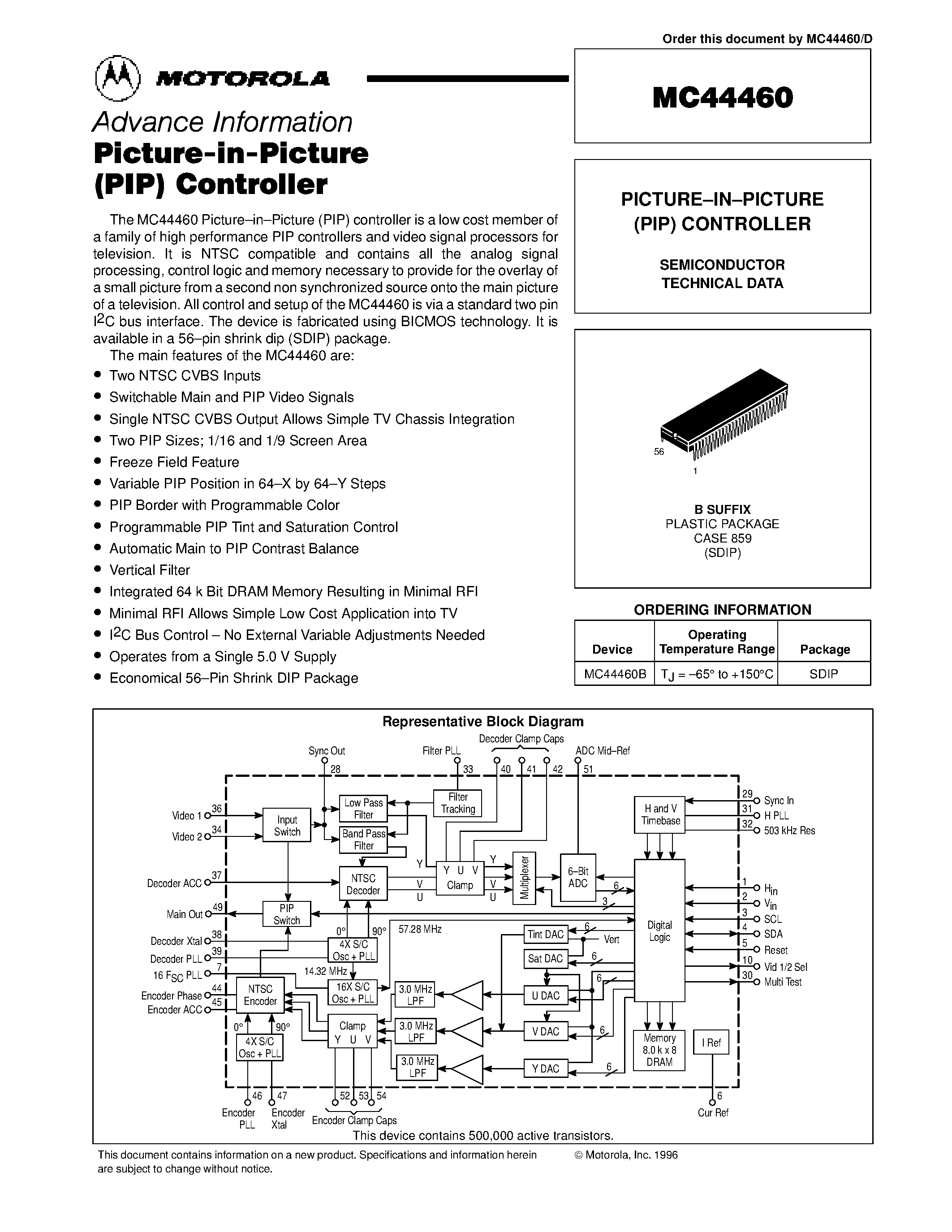 Даташит MC44460 - PICTURE-IN-PICTURE (PIP) CONTROLLER страница 1