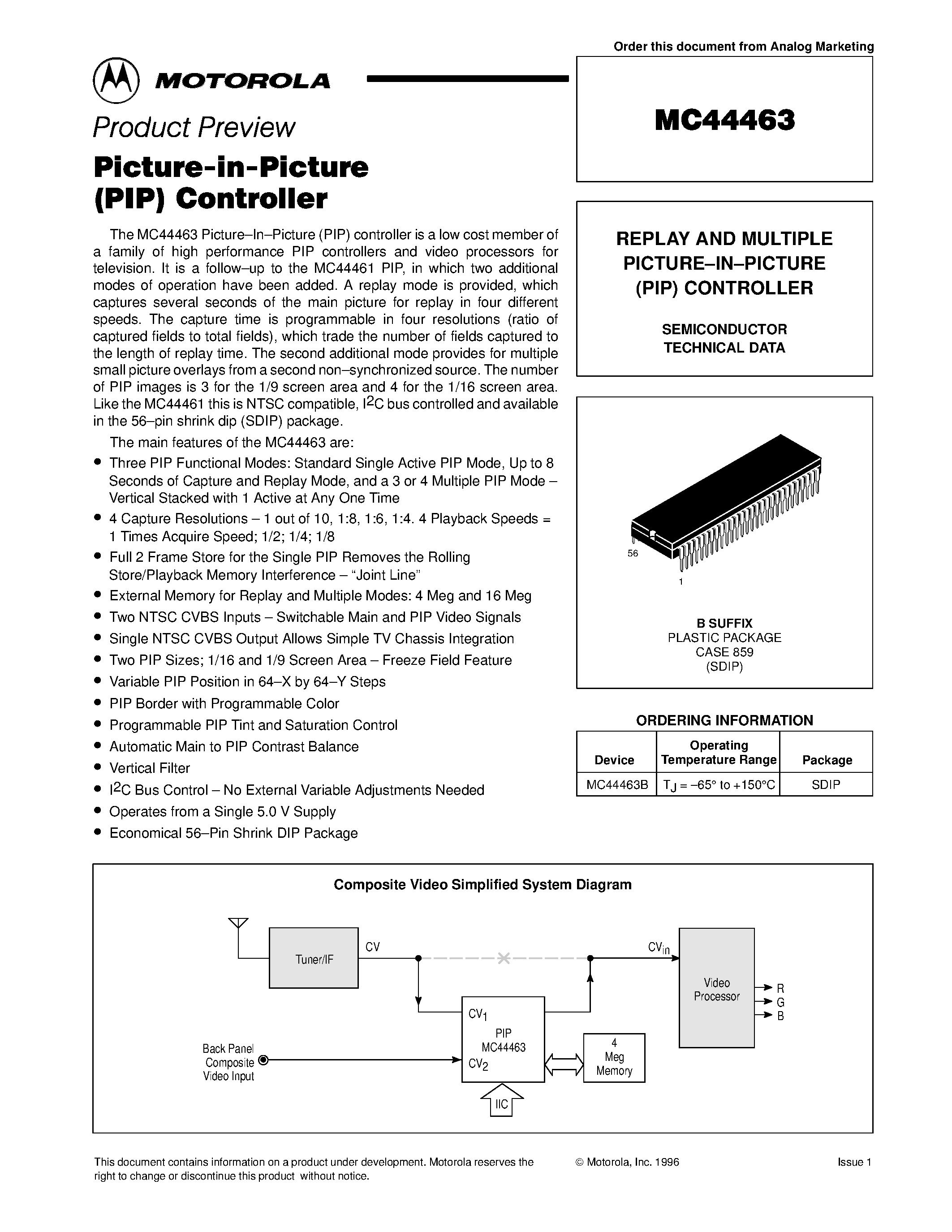 Даташит MC44463 - REPLAY AND MULTIPLE PICTURE-IN-PICTURE (PIP) CONTROLLER страница 1