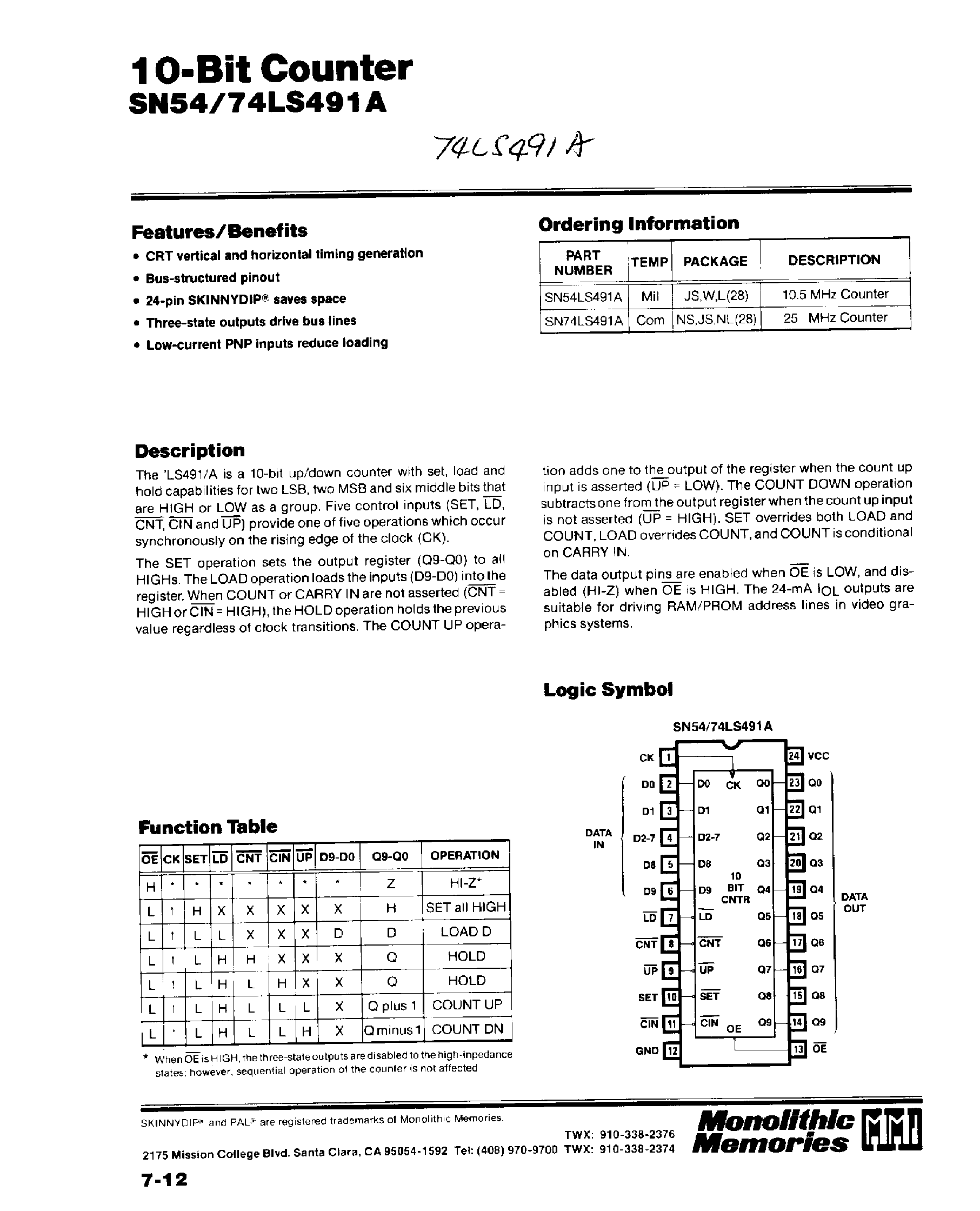 Даташит SN74LS491A - 10-Bit Counter страница 1