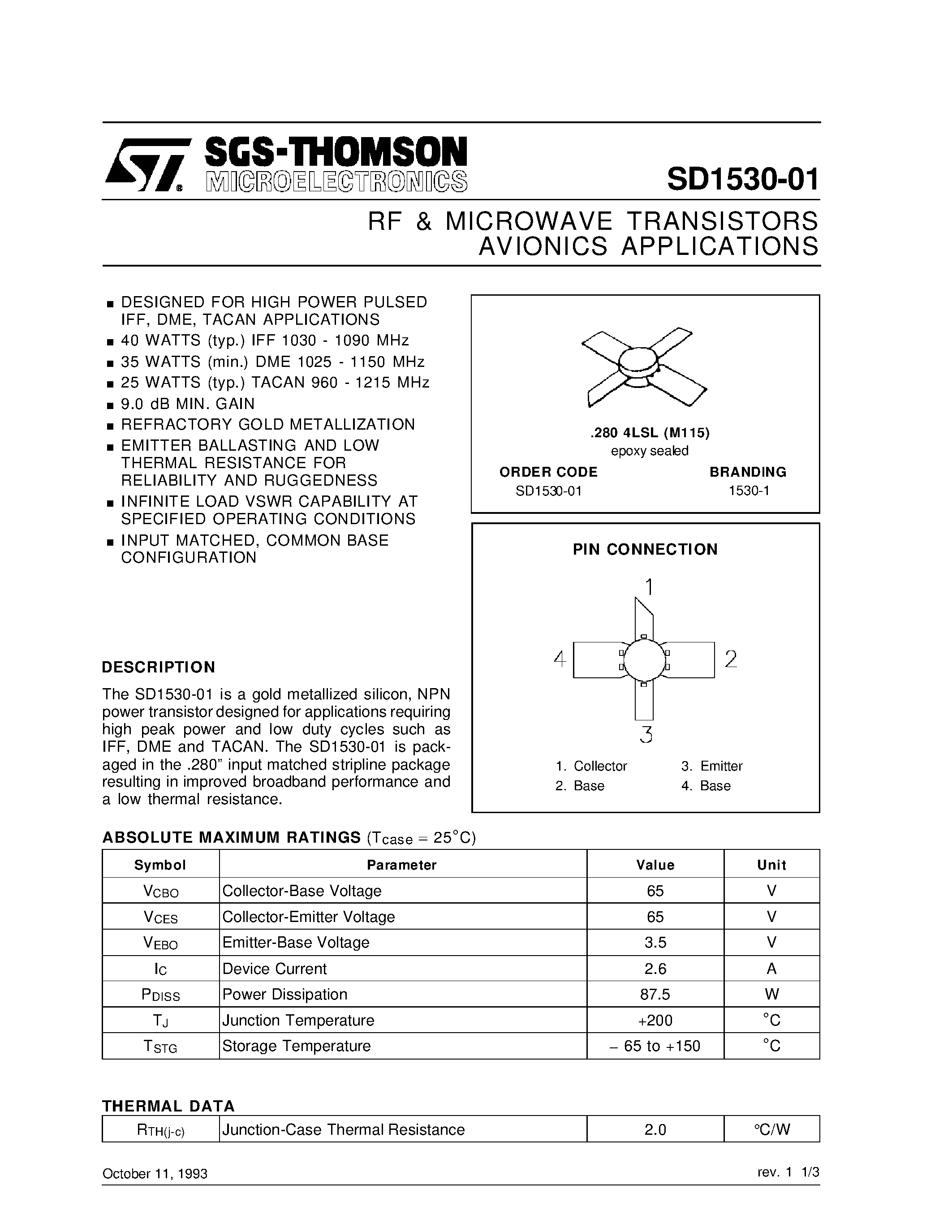 Datasheet SD1530-01 - RF & MICROWAVE TRANSISTORS AVIONICS APPLICATIONS page 1