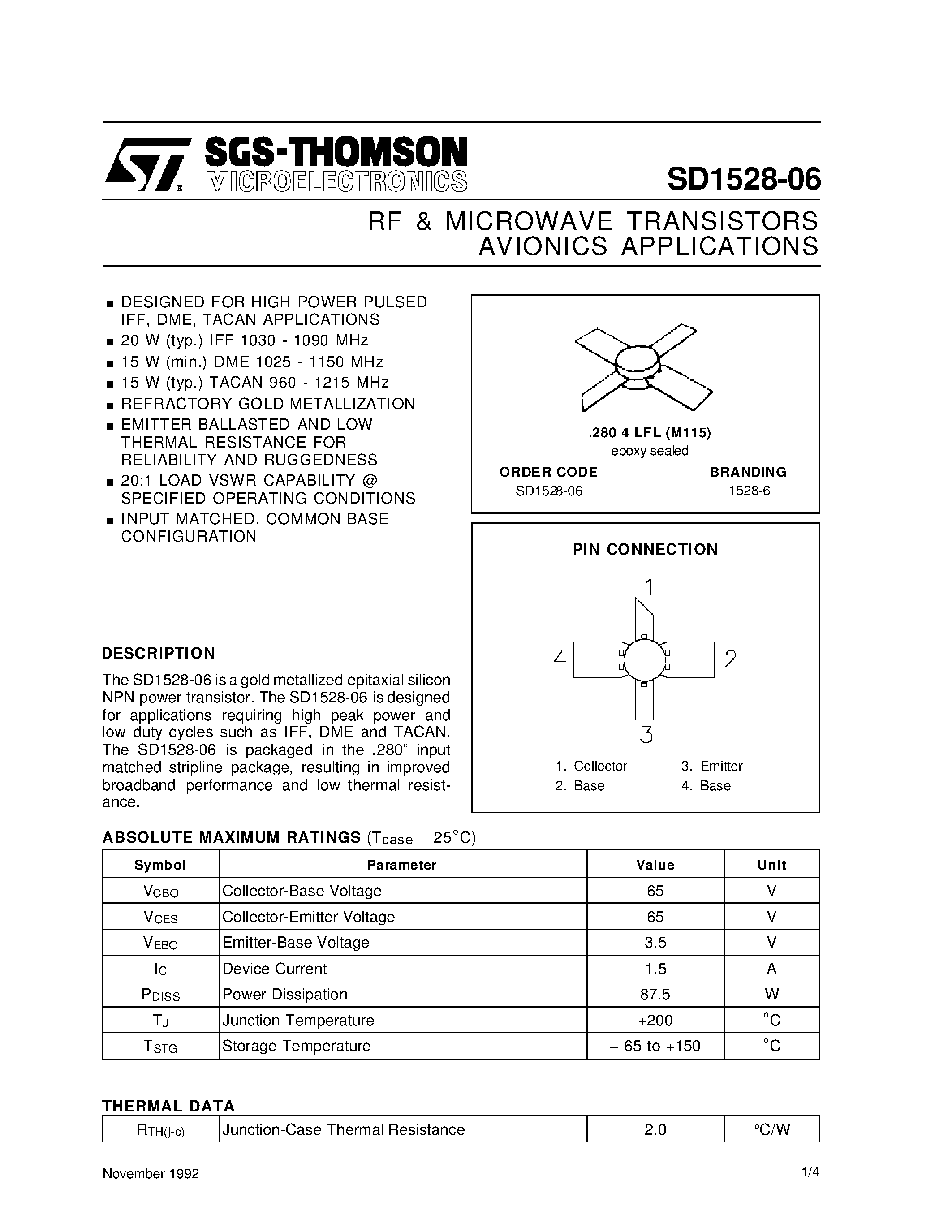 Datasheet SD1528-06 - RF & MICROWAVE TRANSISTORS AVIONICS APPLICATIONS page 1