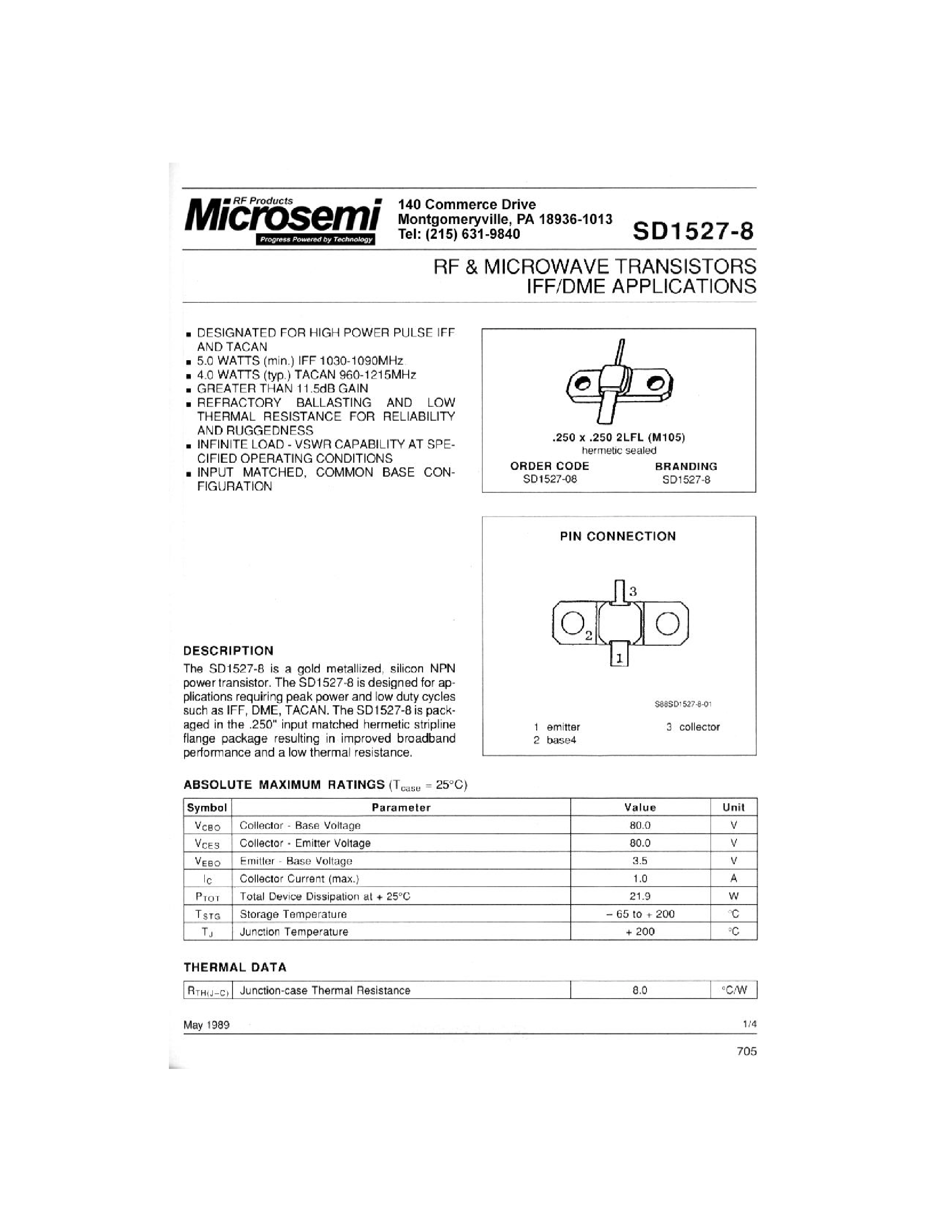 Datasheet SD1527-8 - RF & MICROWAVE TRANSISTORS IFF/DME APPLICATIONS page 1