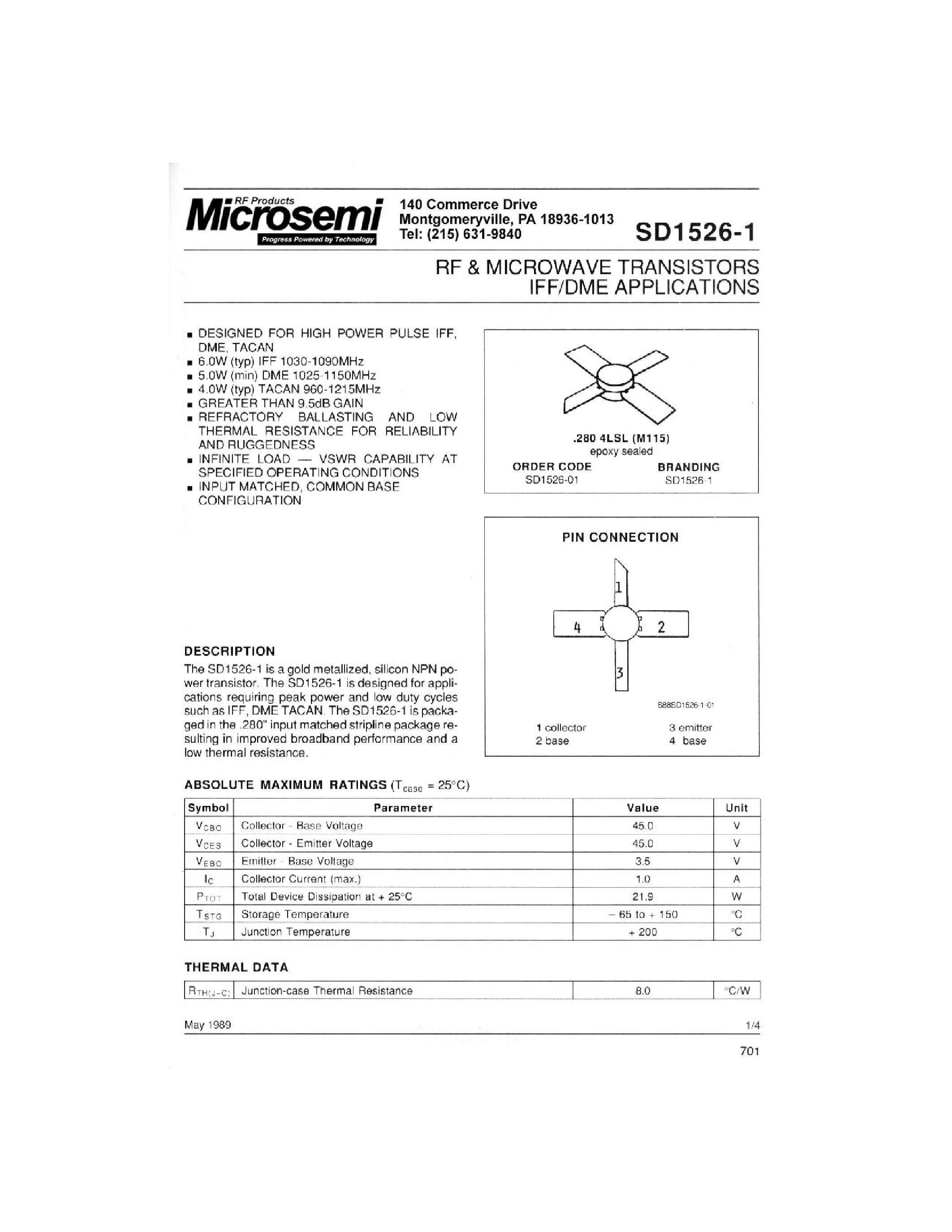 Datasheet SD1526-1 - RF & MICROWAVE TRANSISTORS IFF/DME APPLICATIONS page 1