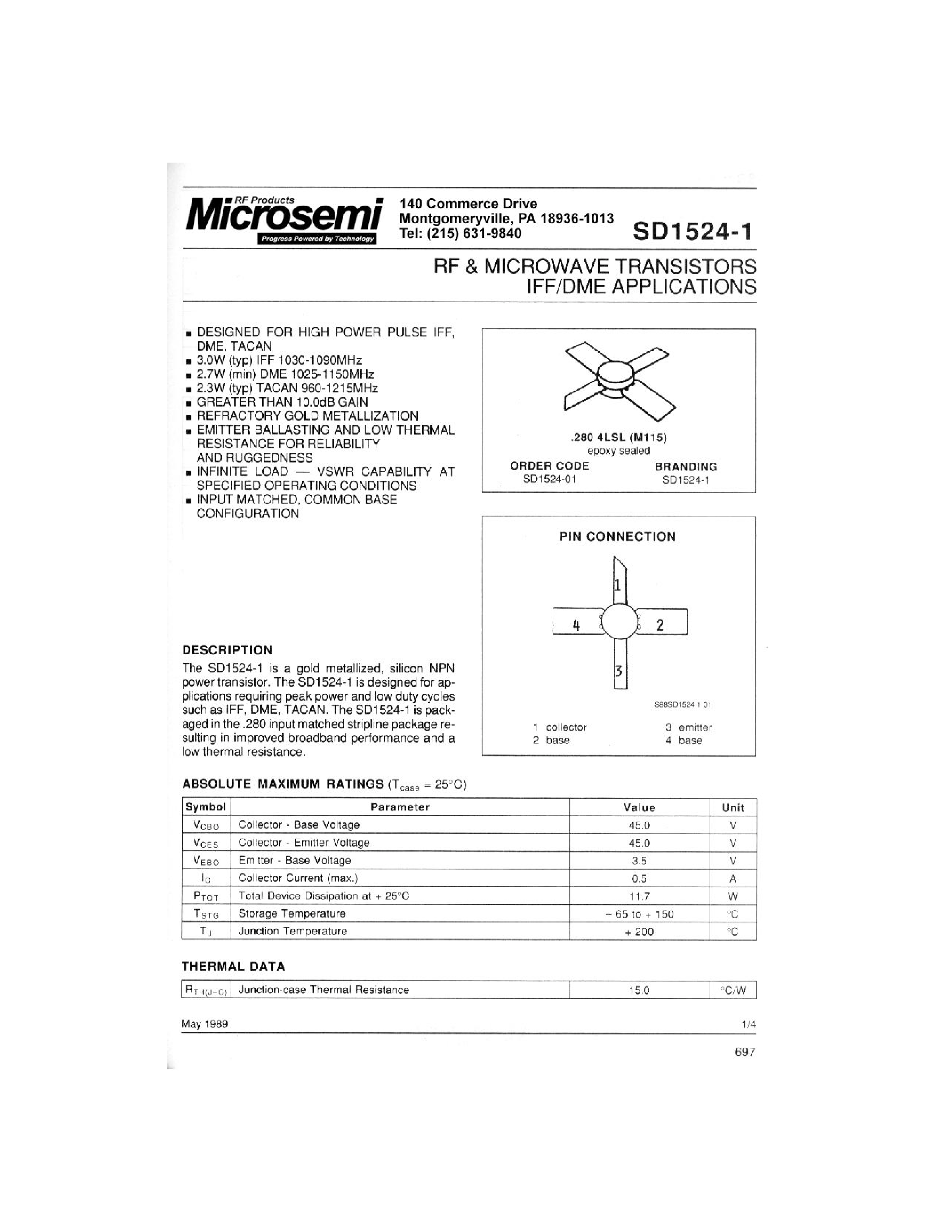 Datasheet SD1524-1 - RF & MICROWAVE TRANSISTORS IFF/DME APPLICATIONS page 1