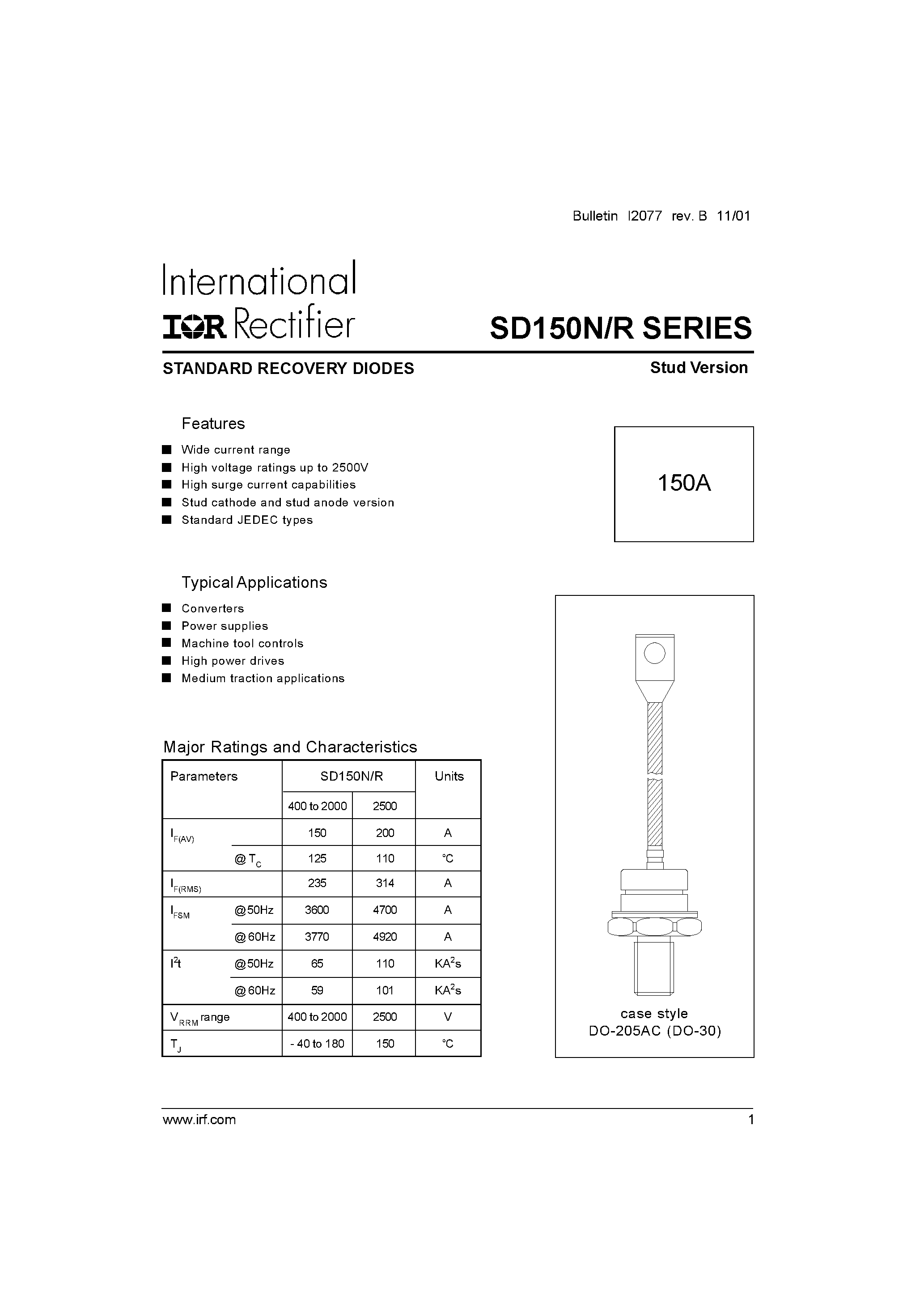 Datasheet SD150N - STANDARD RECOVERY DIODES page 1