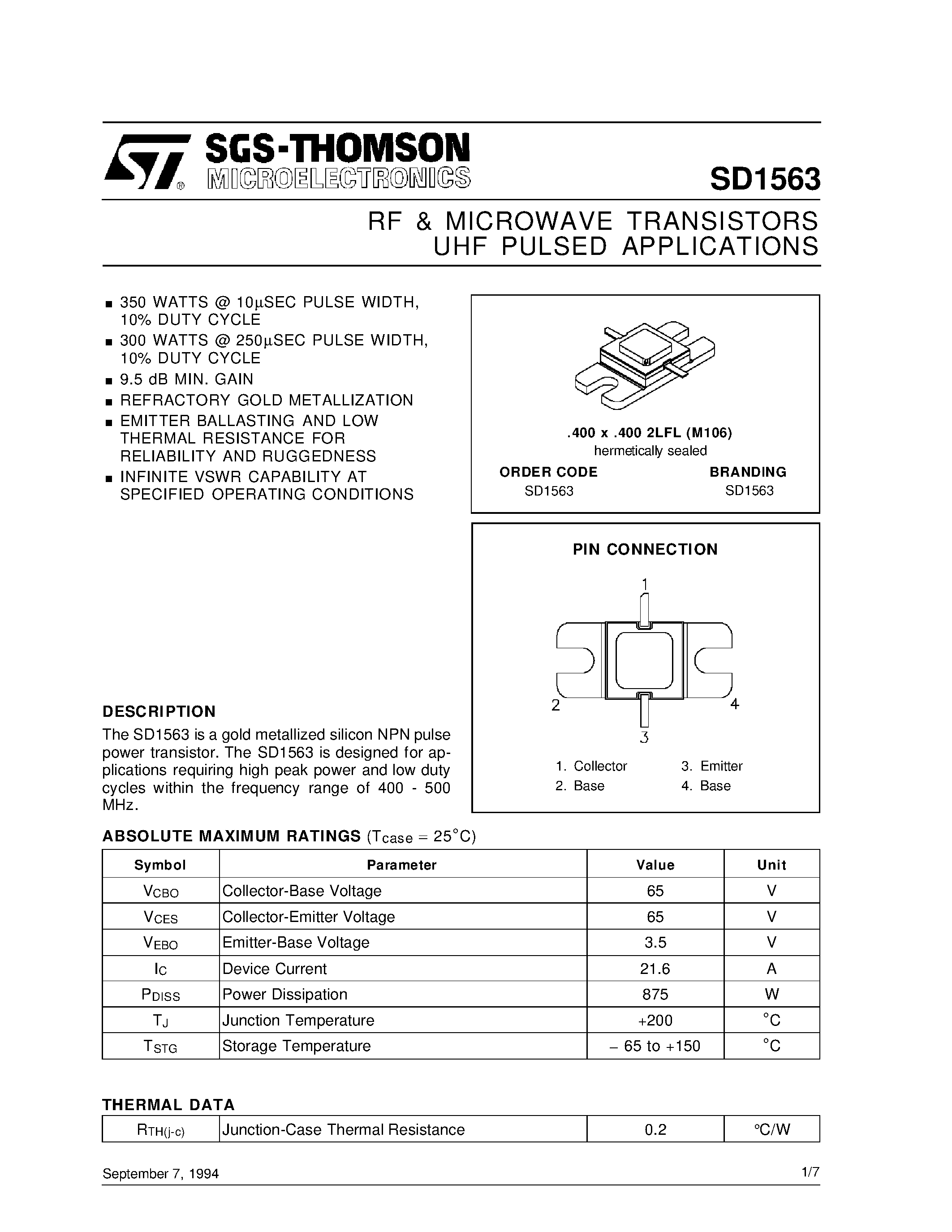 Datasheet SD1563 - RF & MICROWAVE TRANSISTORS UHF PULSED APPLICATIONS page 1