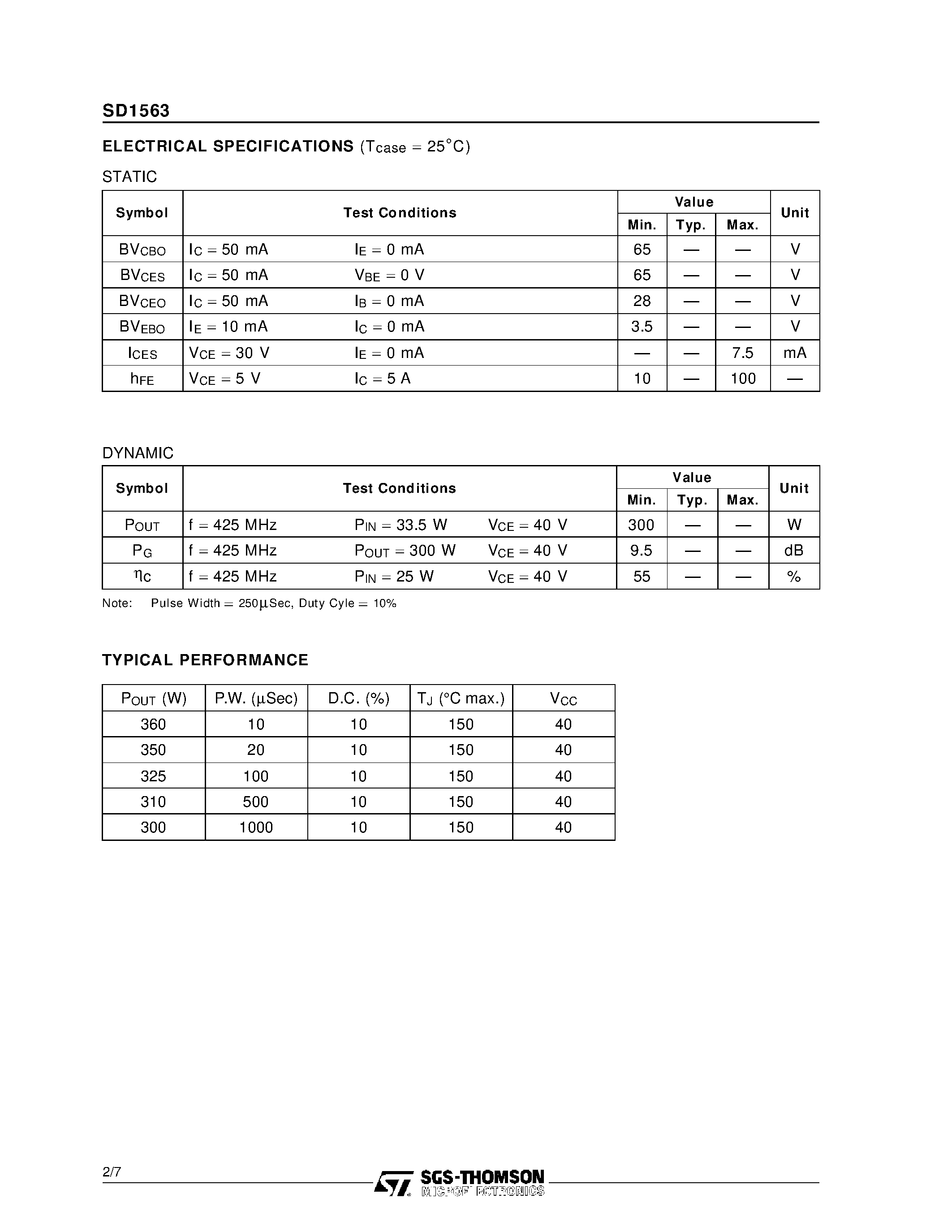 Datasheet SD1563 - RF & MICROWAVE TRANSISTORS UHF PULSED APPLICATIONS page 2