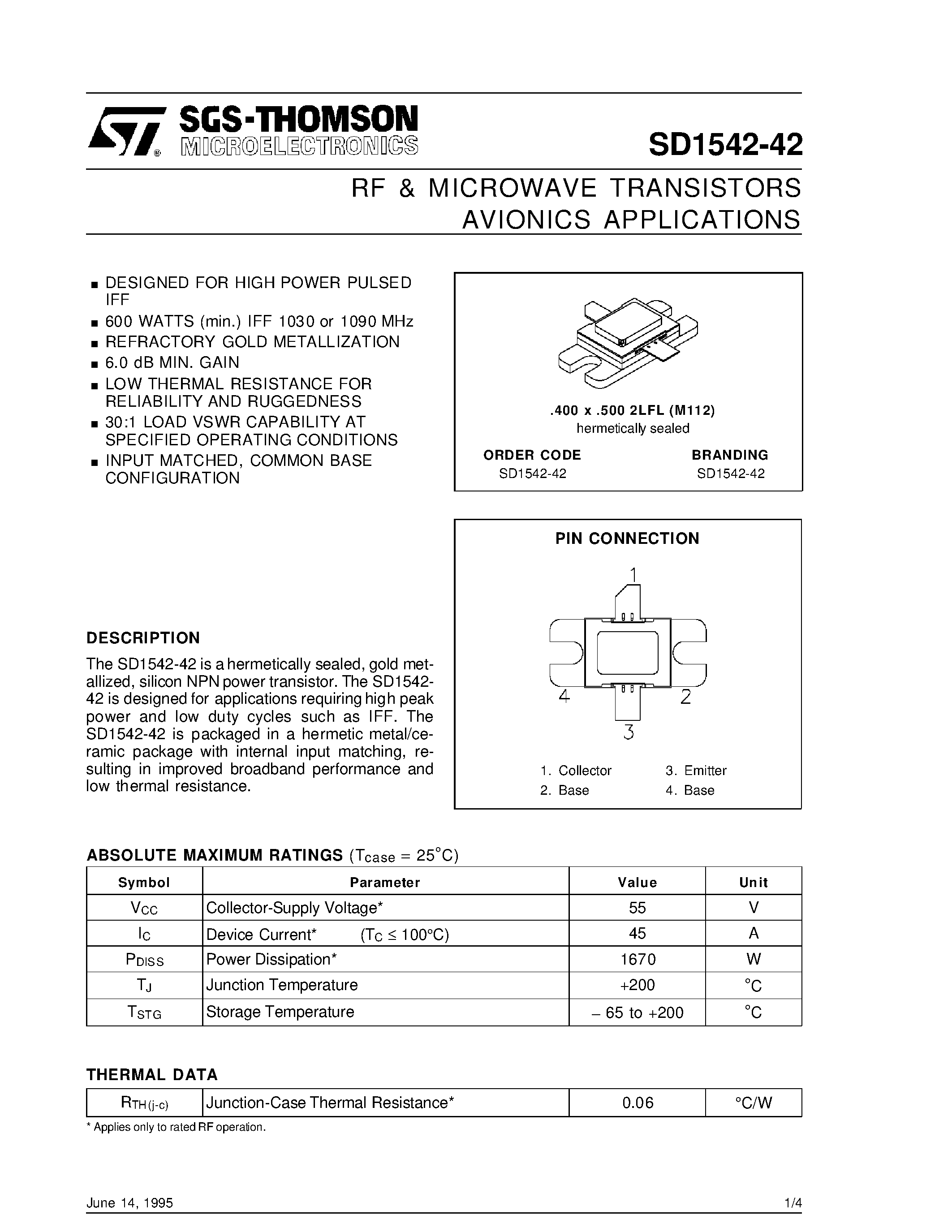 Datasheet SD1542-42 - RF & MICROWAVE TRANSISTORS AVIONICS APPLICATIONS page 1