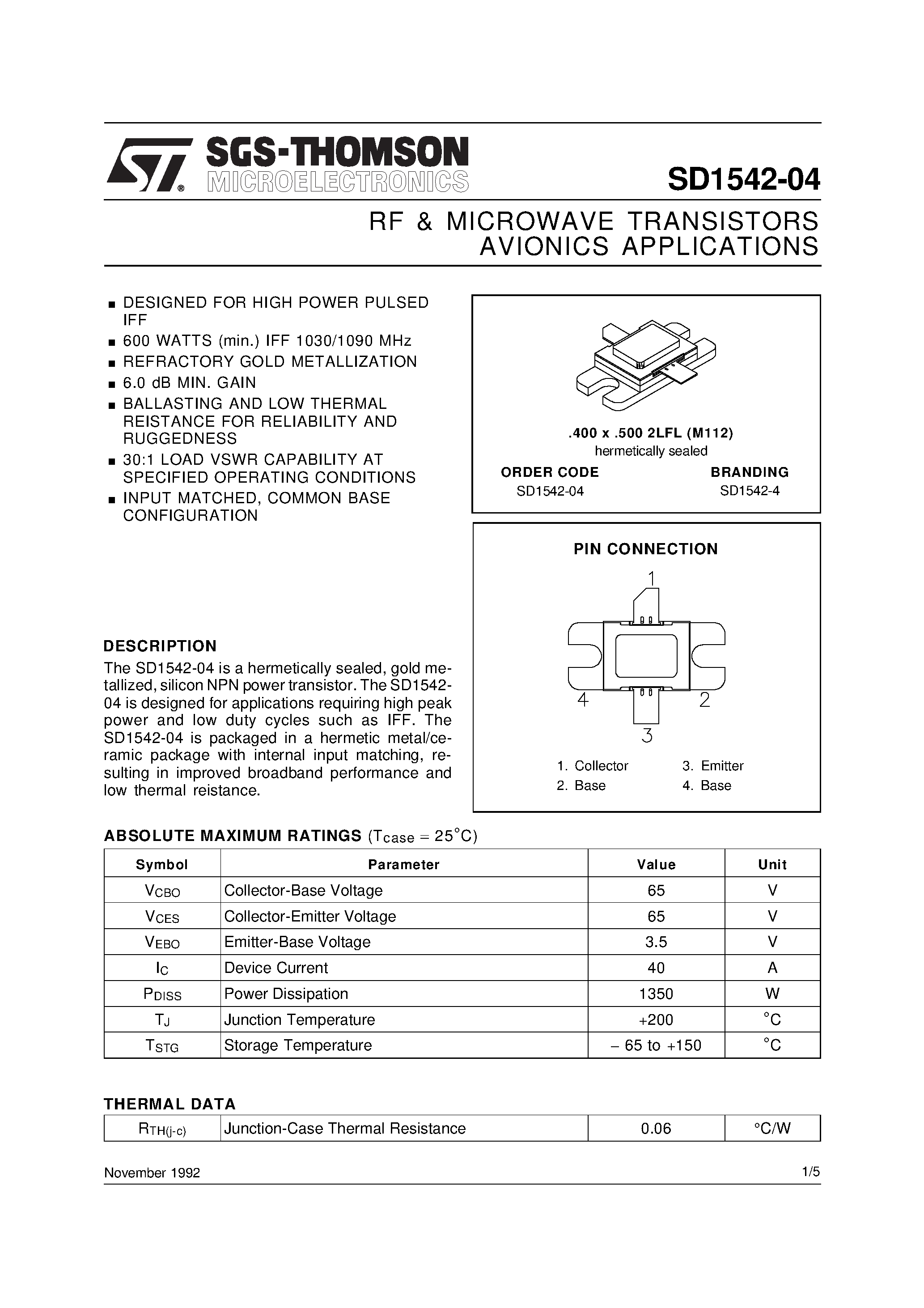 Datasheet SD1542-04 - RF & MICROWAVE TRANSISTORS AVIONICS APPLICATIONS page 1