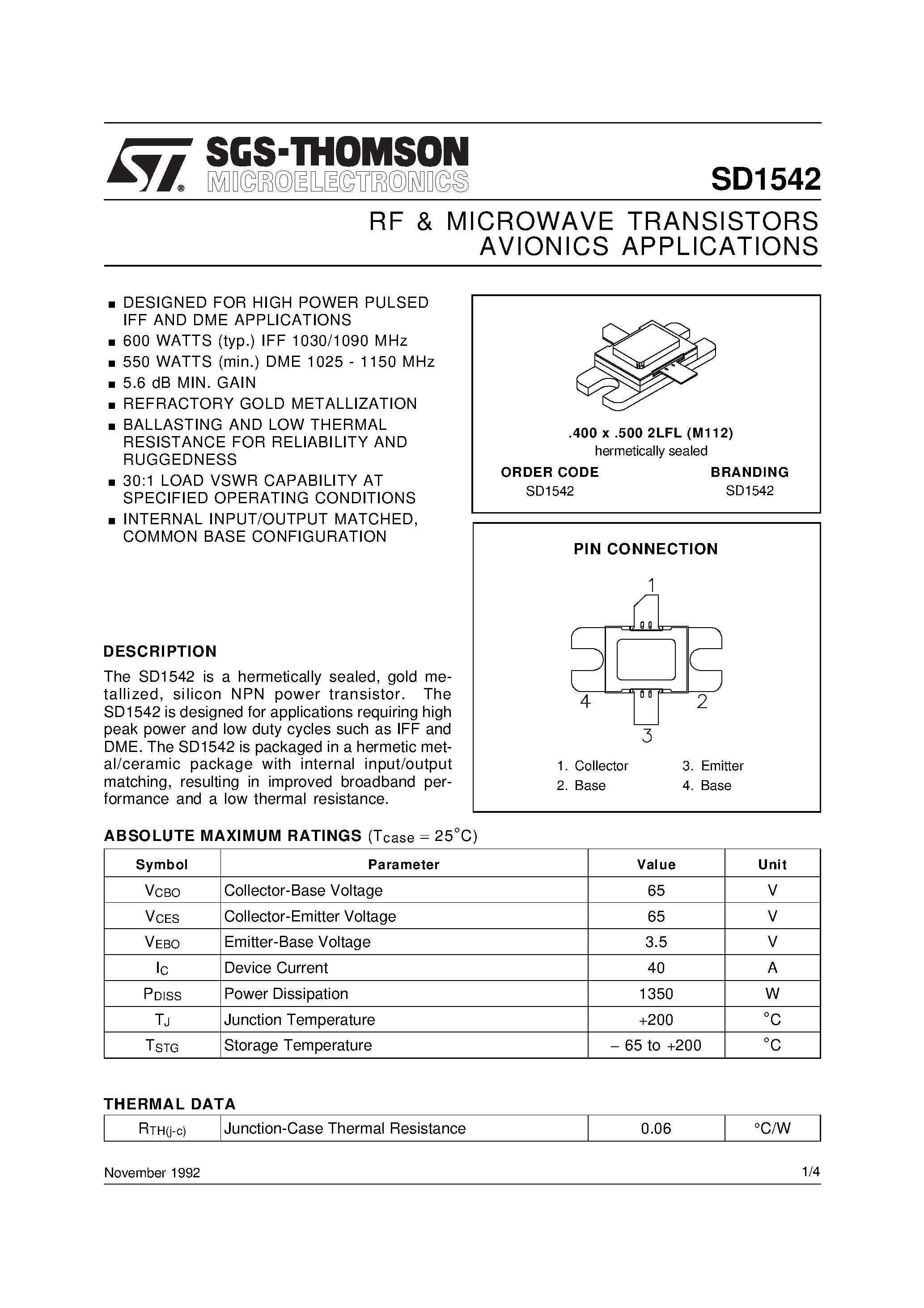 Даташит SD1542 - RF & MICROWAVE TRANSISTORS AVIONICS APPLICATIONS страница 1