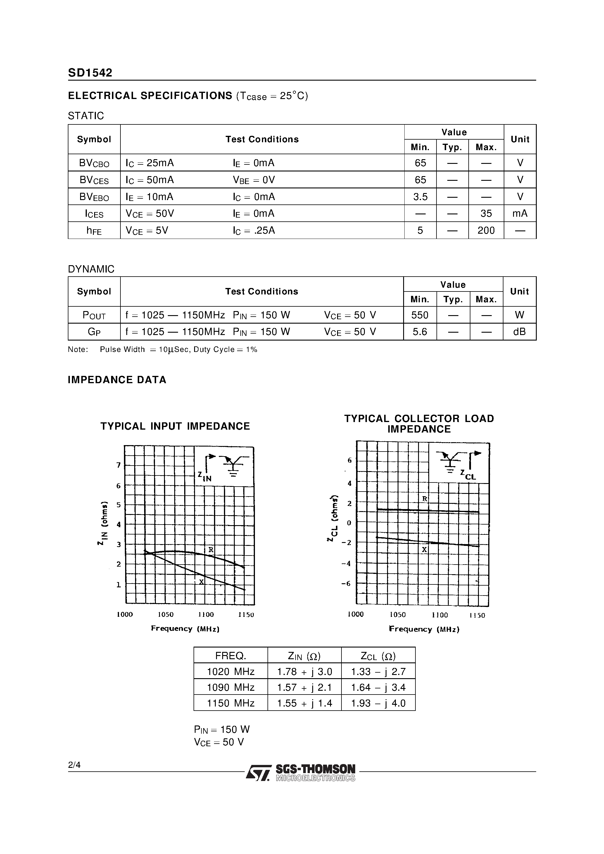 Даташит SD1542 - RF & MICROWAVE TRANSISTORS AVIONICS APPLICATIONS страница 2