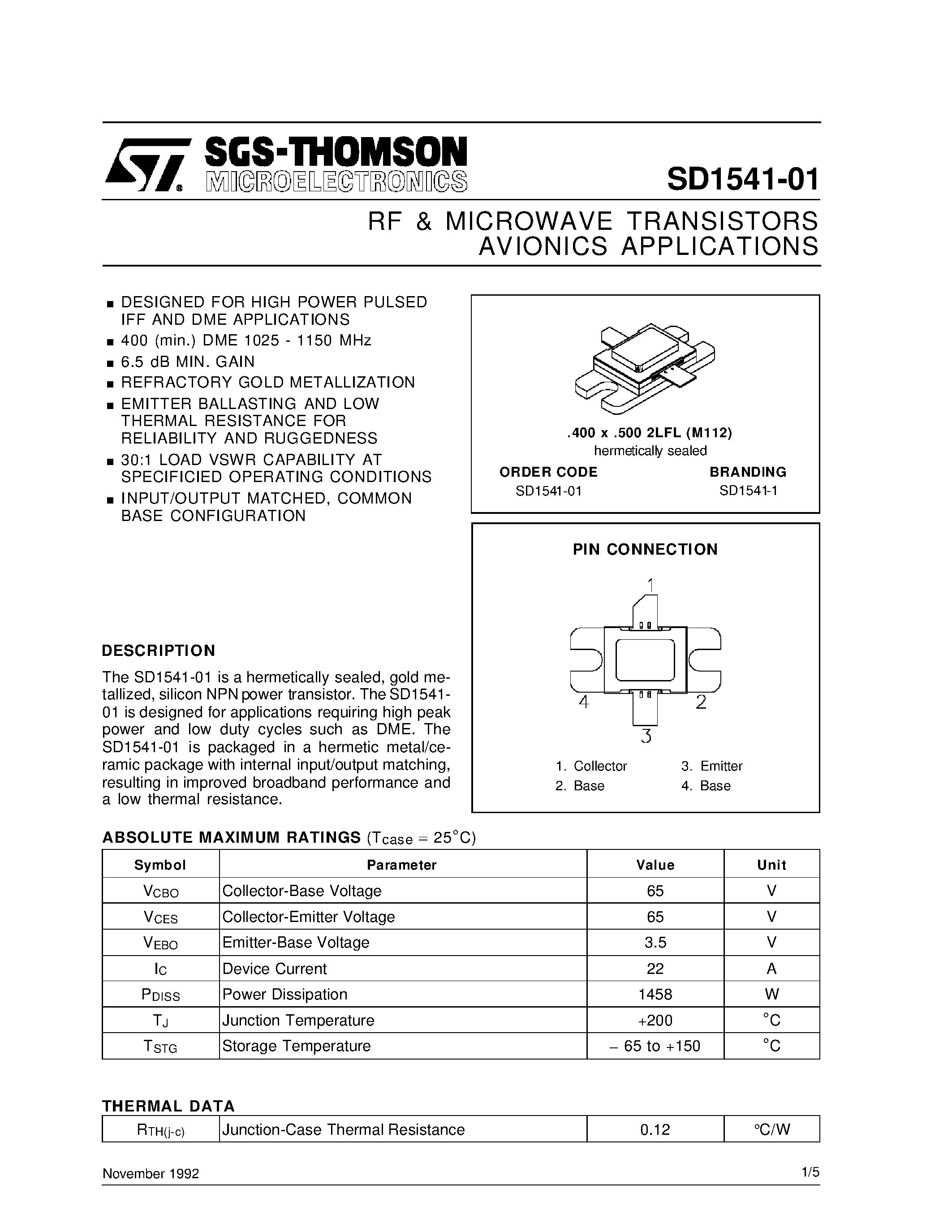 Datasheet SD1541-01 - RF & MICROWAVE TRANSISTORS AVIONICS APPLICATIONS page 1