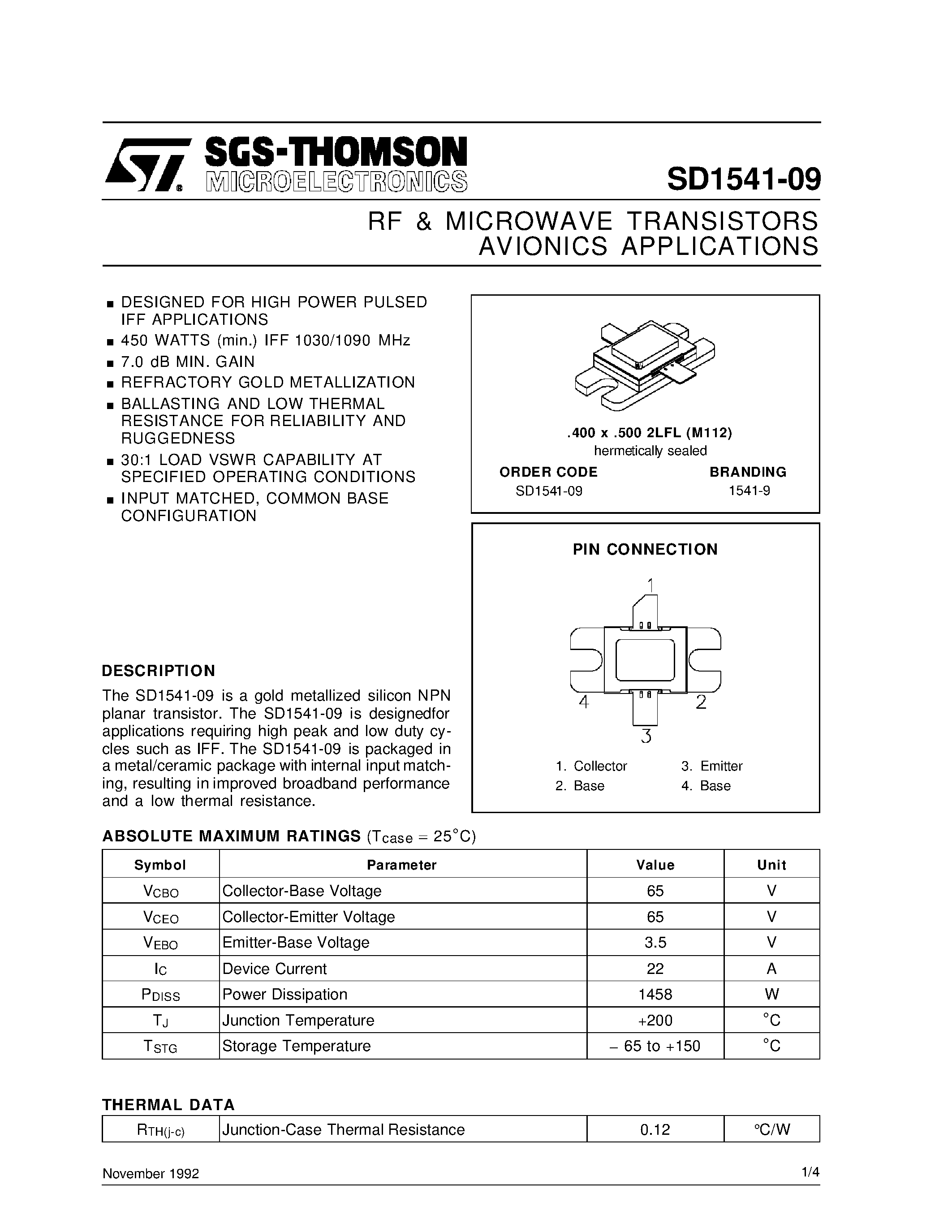 Datasheet SD1541-09 - RF & MICROWAVE TRANSISTORS AVIONICS APPLICATIONS page 1