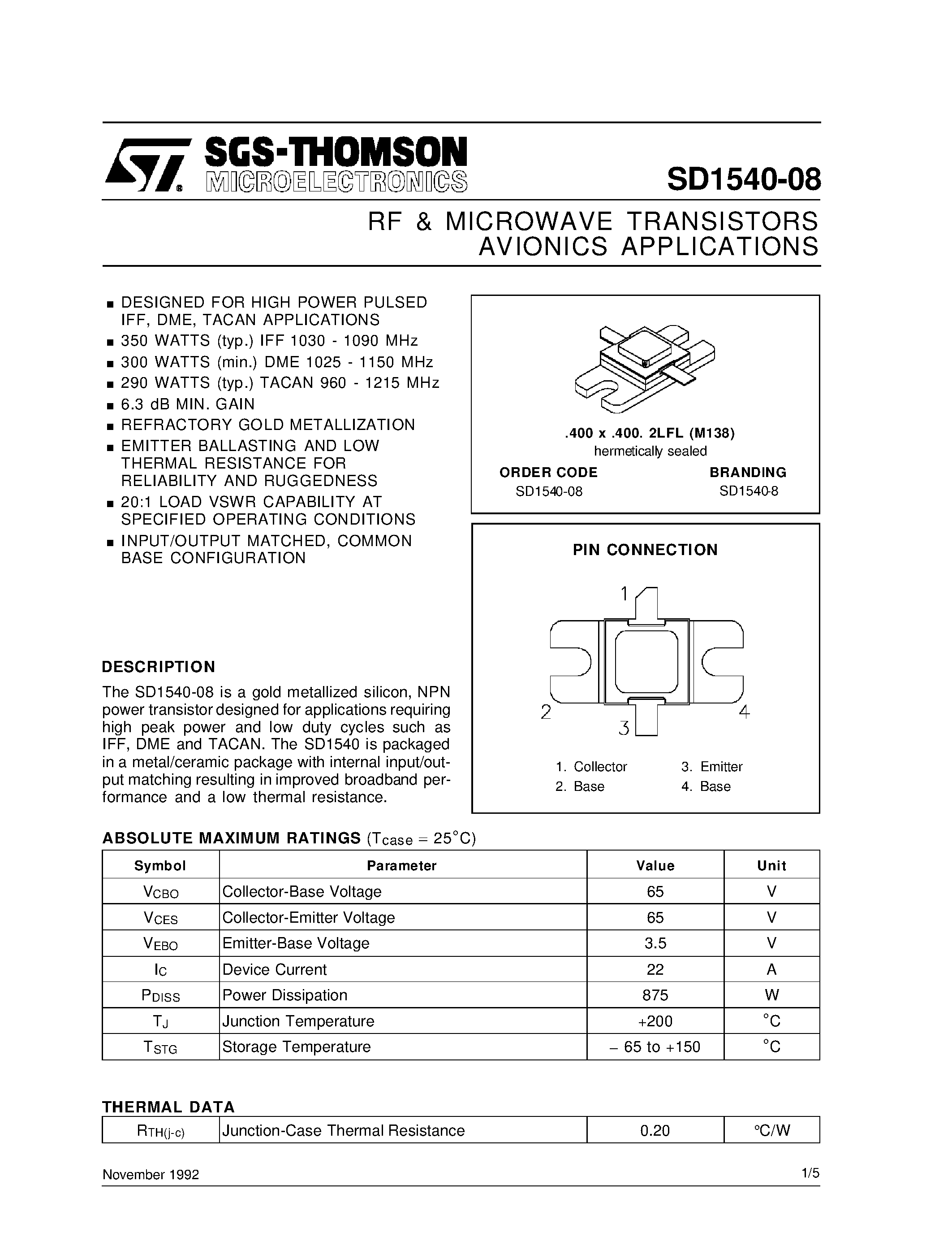 Datasheet SD1540-08 - RF & MICROWAVE TRANSISTORS AVIONICS APPLICATIONS page 1