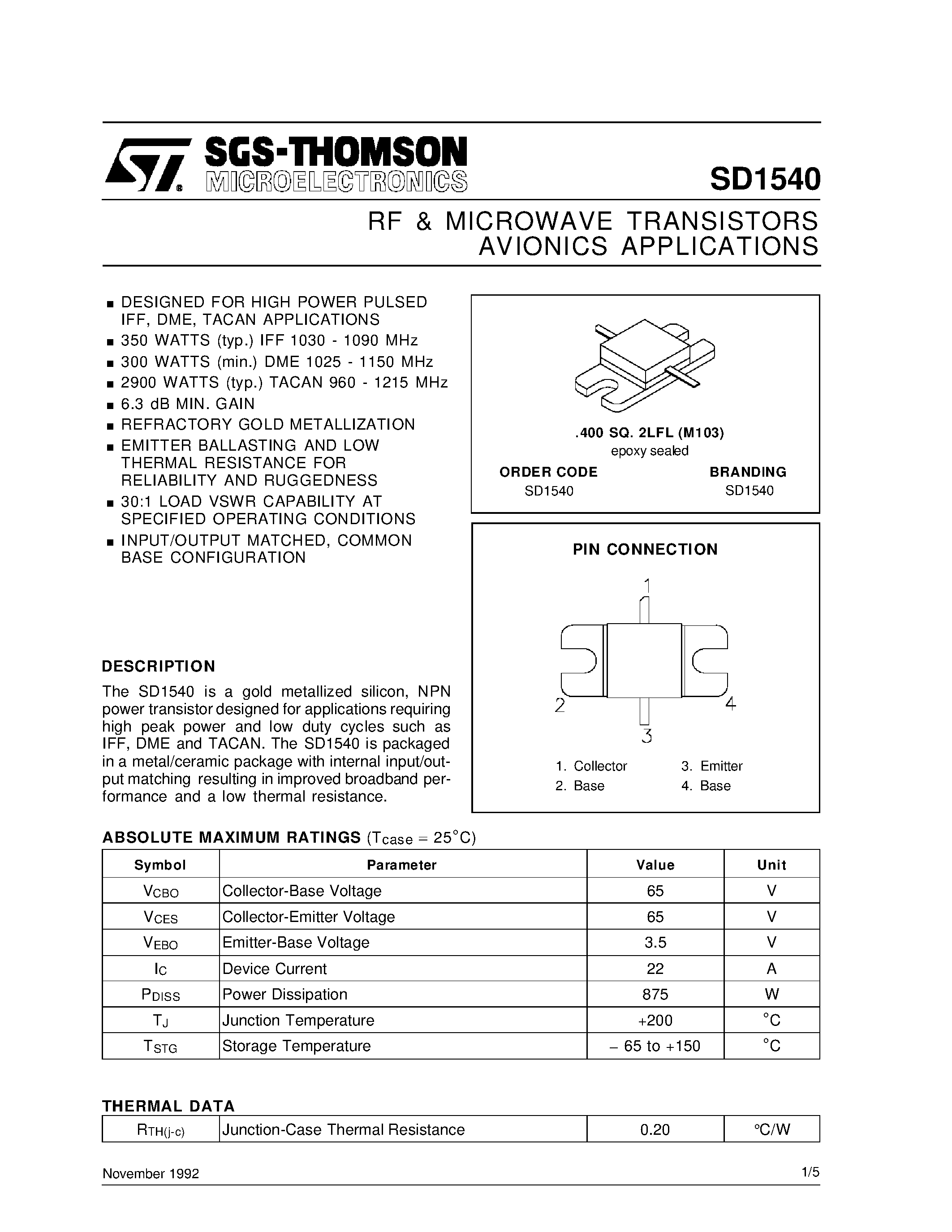 Datasheet SD1540 - RF & MICROWAVE TRANSISTORS AVIONICS APPLICATIONS page 1