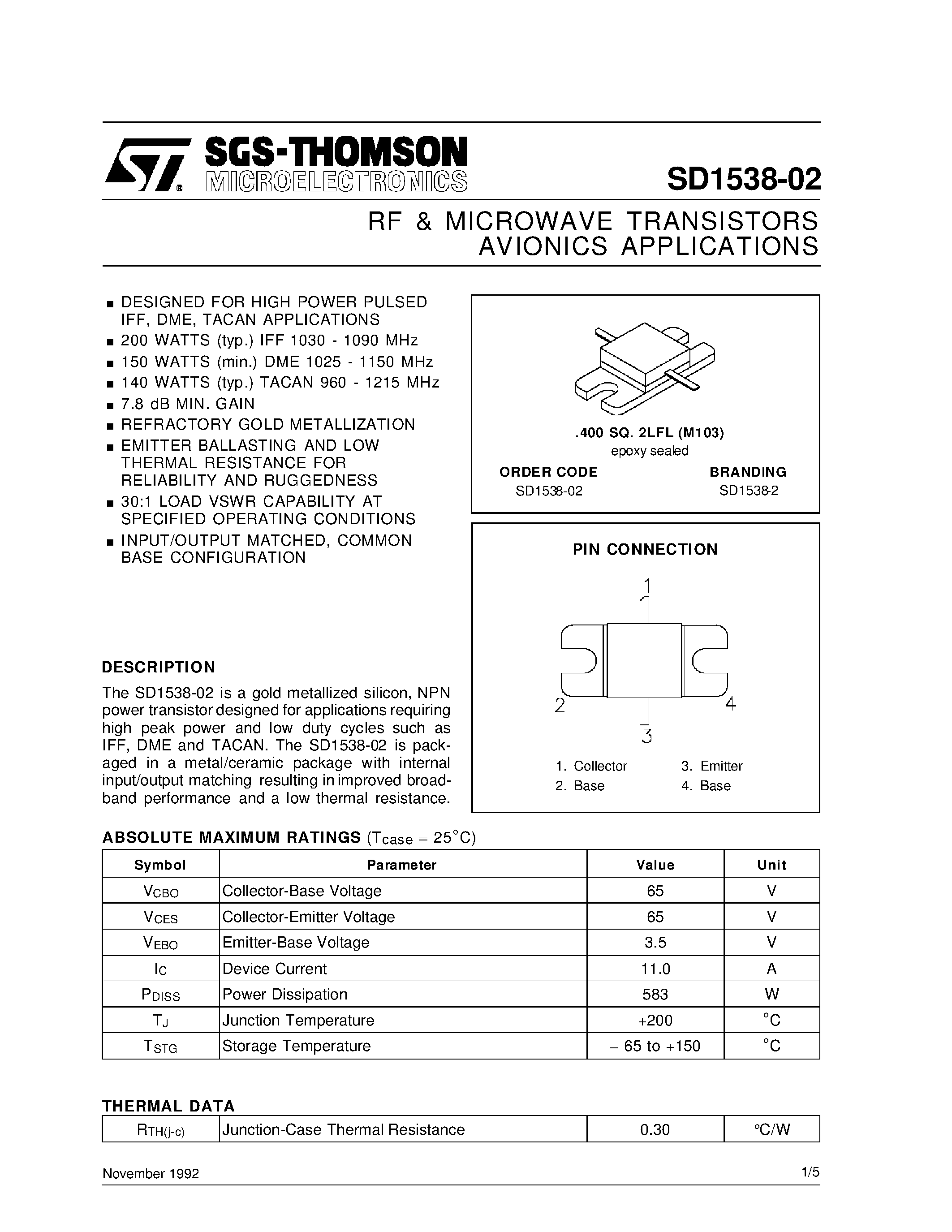 Даташит SD1538-02 - RF & MICROWAVE TRANSISTORS AVIONICS APPLICATIONS страница 1