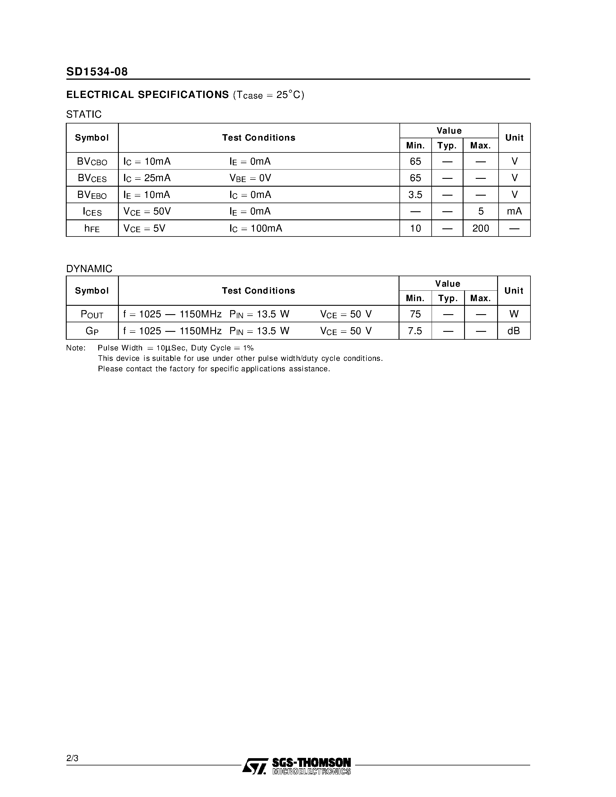 Даташит SD1534-08 - RF & MICROWAVE TRANSISTORS AVIONICS APPLICATIONS страница 2